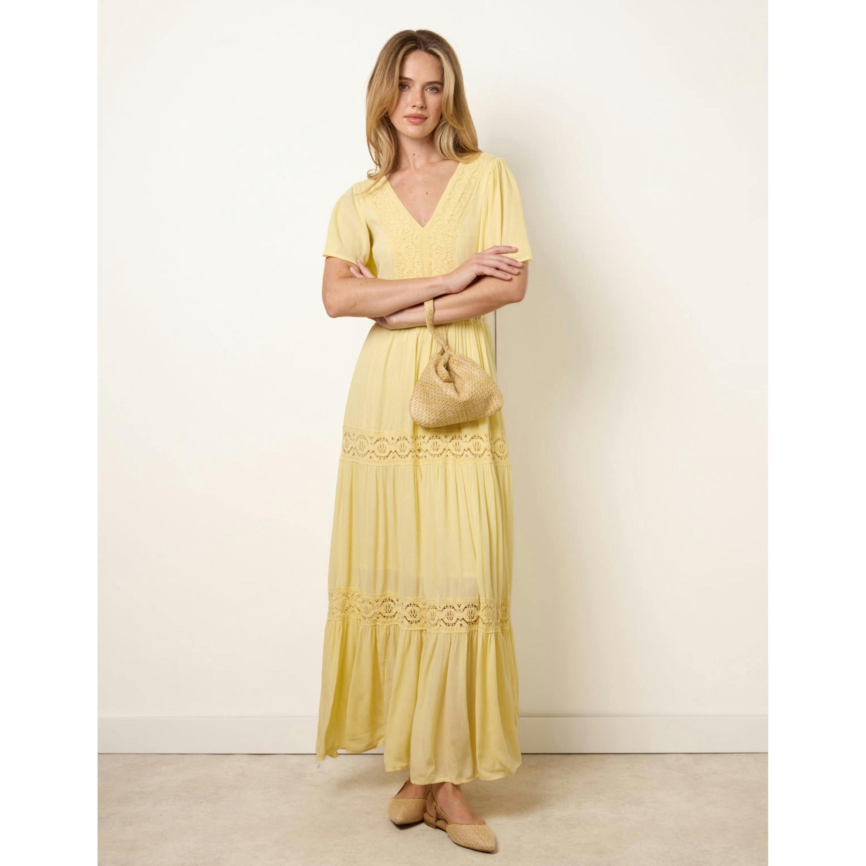 Blue Vanilla V-Neck Tiered Crochet Detail Maxi Dress  in Yellow , view 3 of 4
