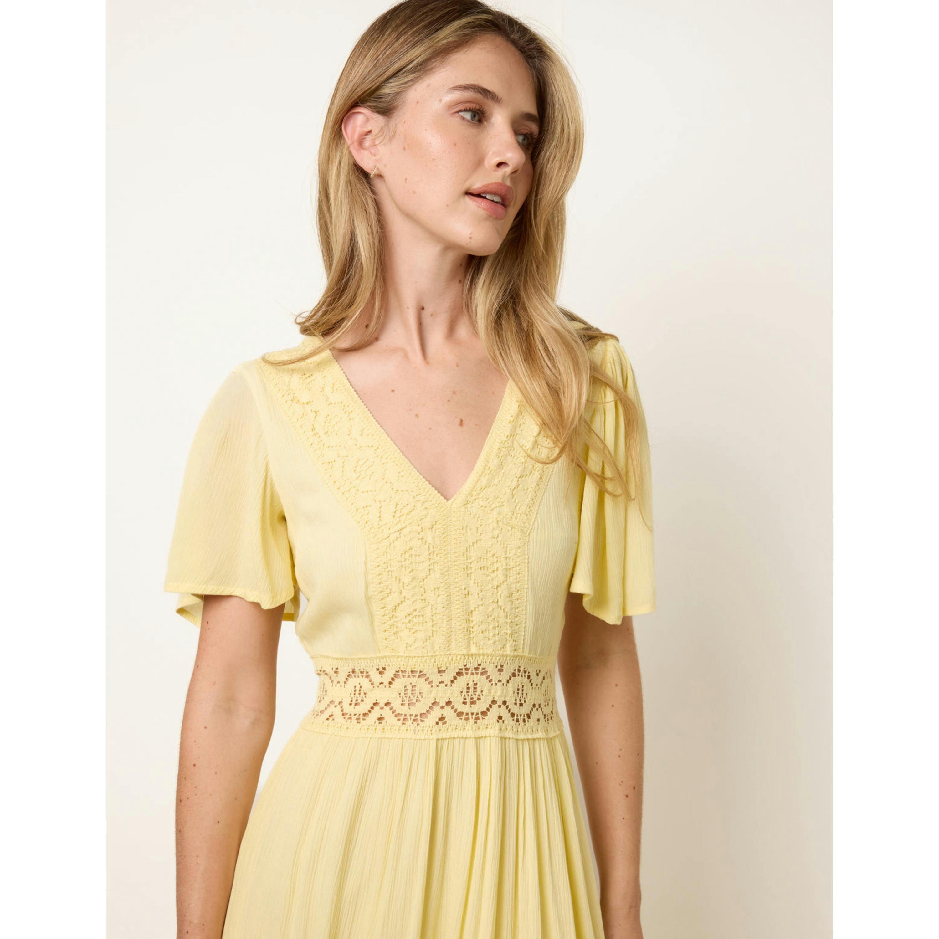 Blue Vanilla V-Neck Tiered Crochet Detail Maxi Dress  in Yellow , view 4 of 4