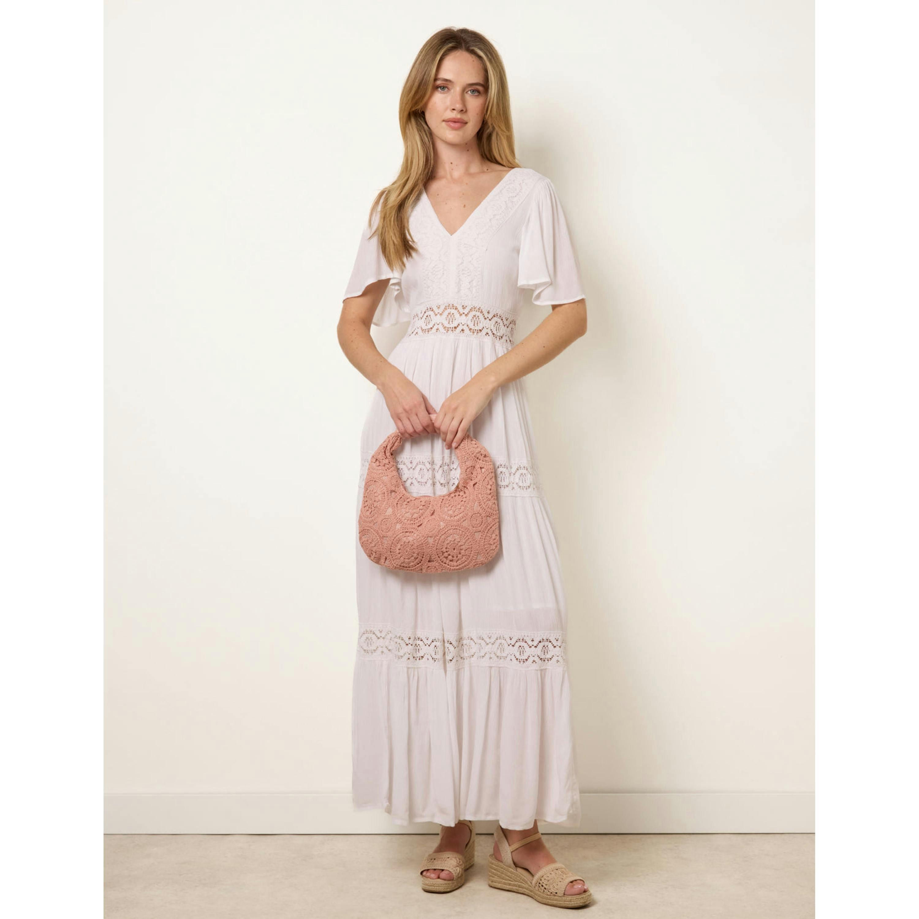 Blue Vanilla V-Neck Tiered Crochet Detail Maxi Dress  in Ivory , view 1 of 4