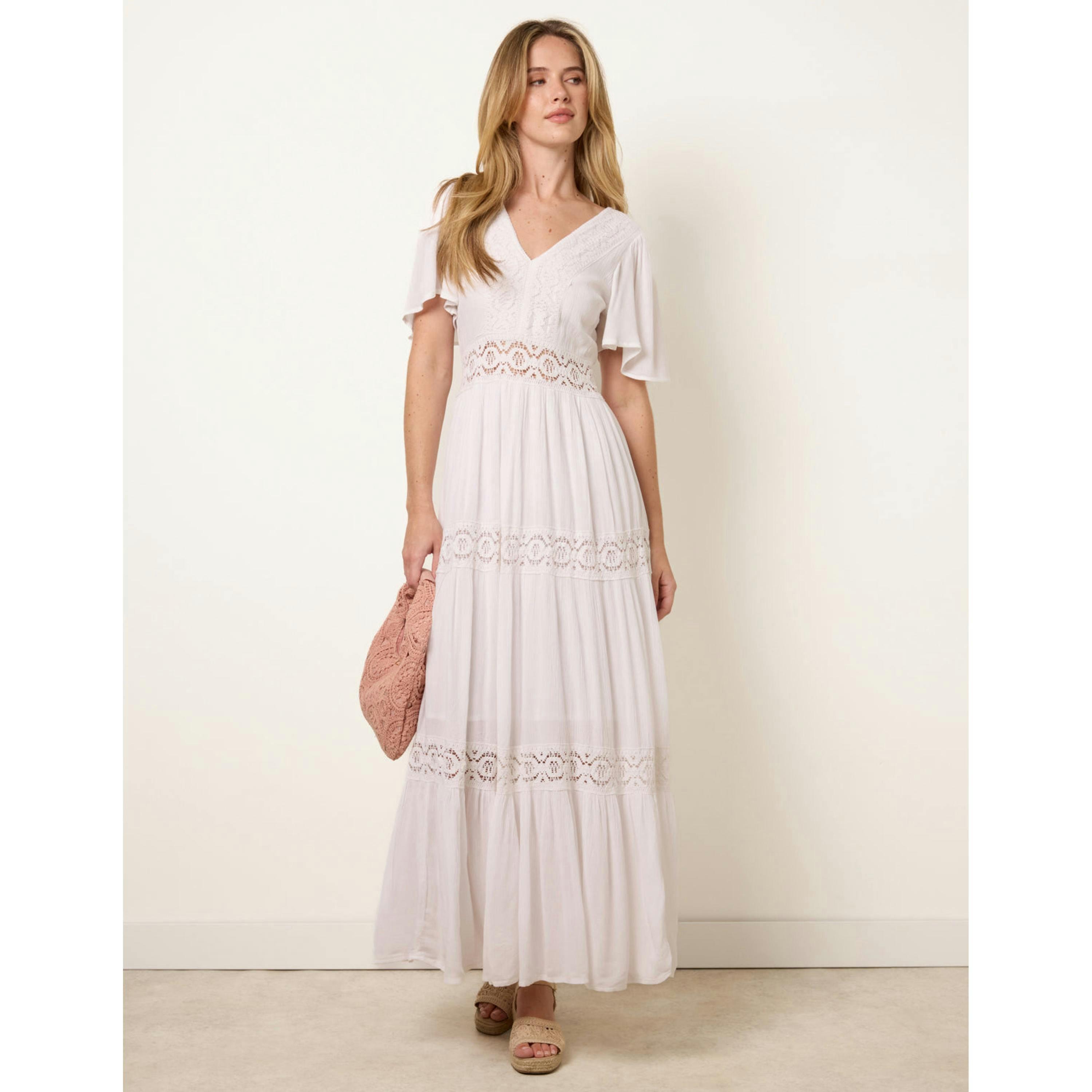 Blue Vanilla V-Neck Tiered Crochet Detail Maxi Dress  in Ivory , view 3 of 4