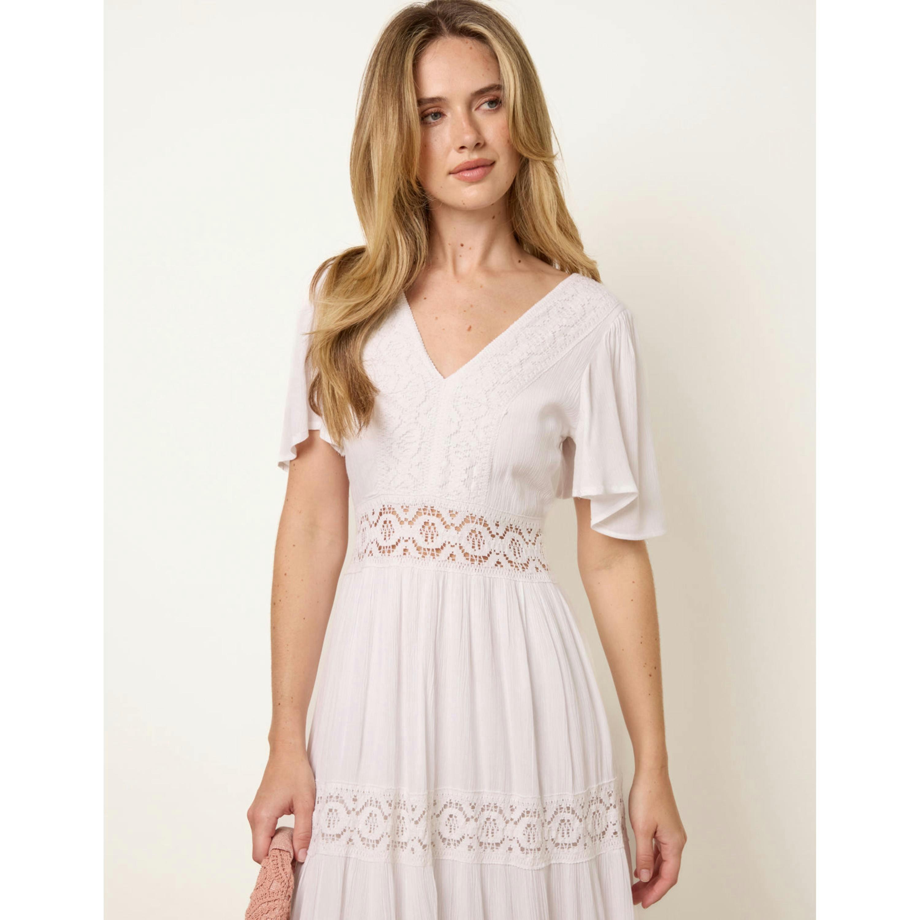 Blue Vanilla V-Neck Tiered Crochet Detail Maxi Dress  in Ivory , view 4 of 4