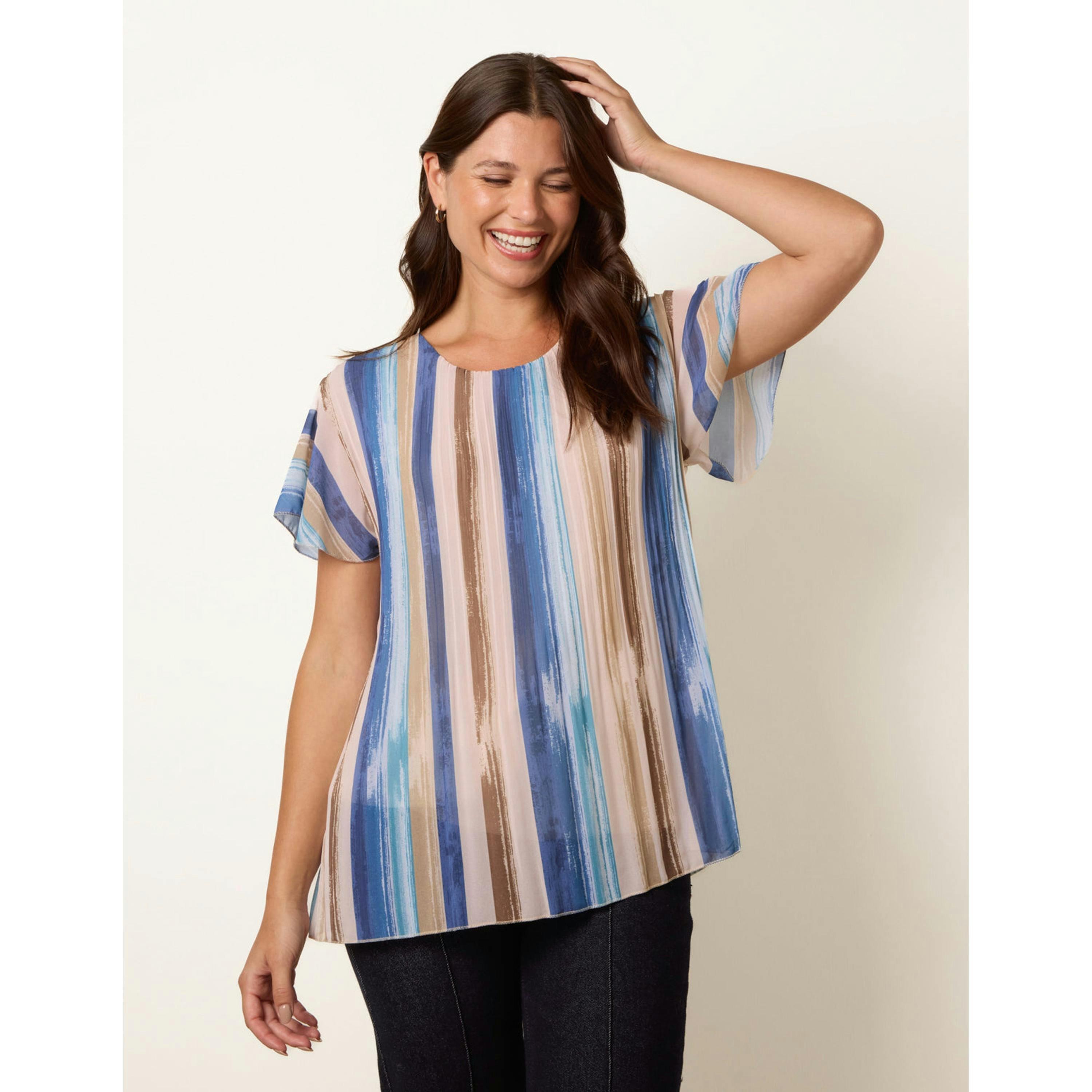 Blue Vanilla Short Sleeve Pleated Paint Top  in Blue , view 1 of 4