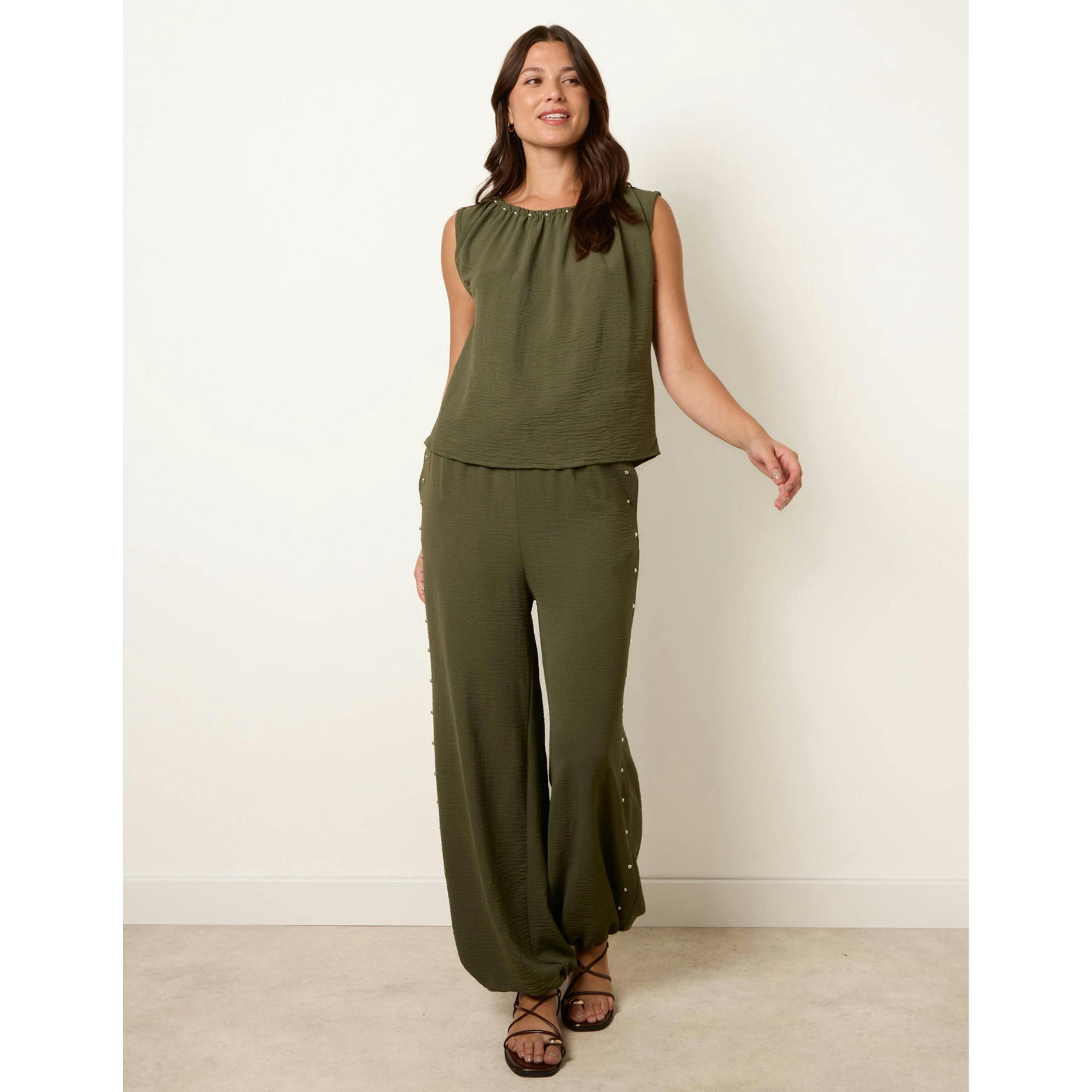 Blue Vanilla Studded Detailed Balloon Trouser Set  in Khaki , view 1 of 4