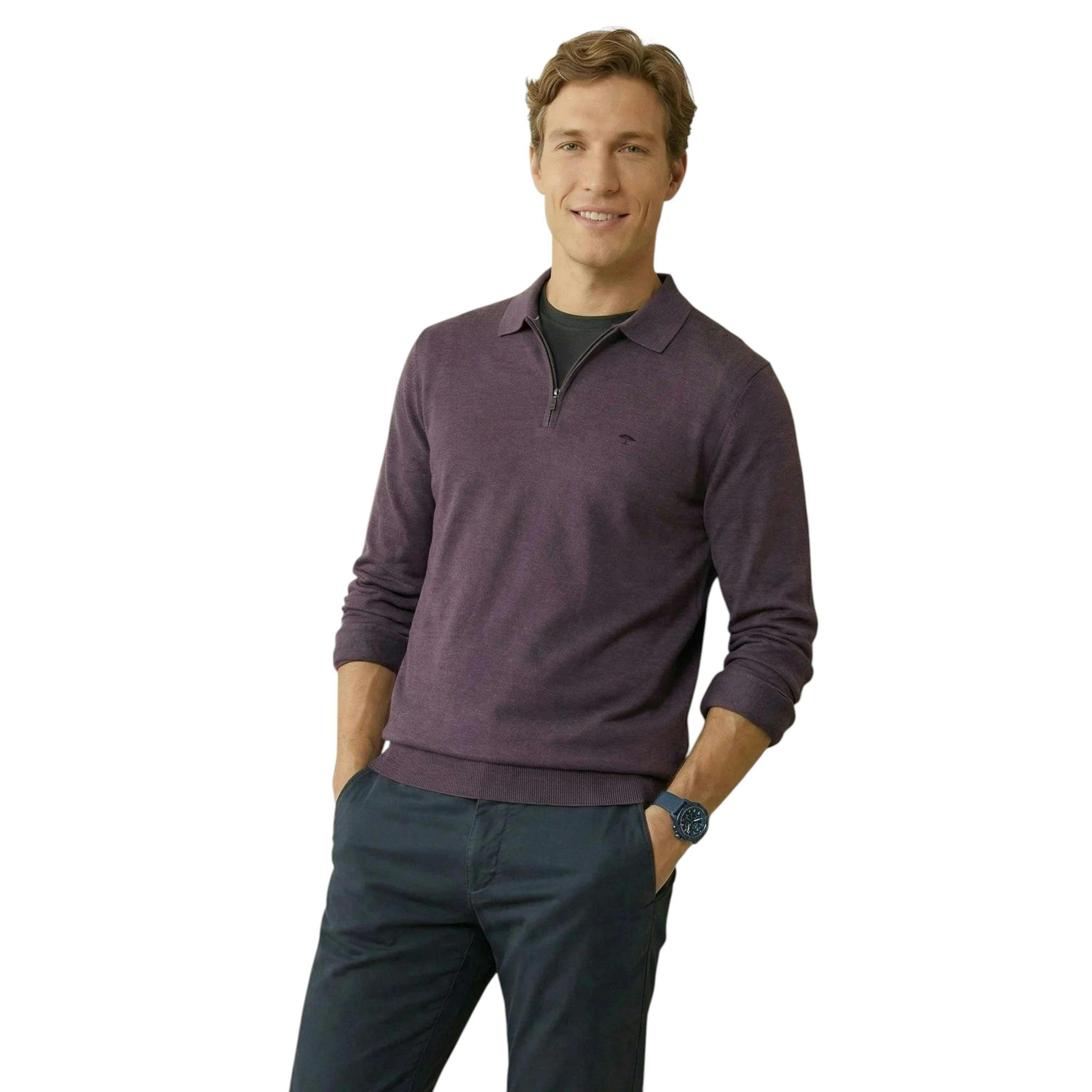 Zip Neck Polo Collar Knit Aubergine , view 2 of 5
