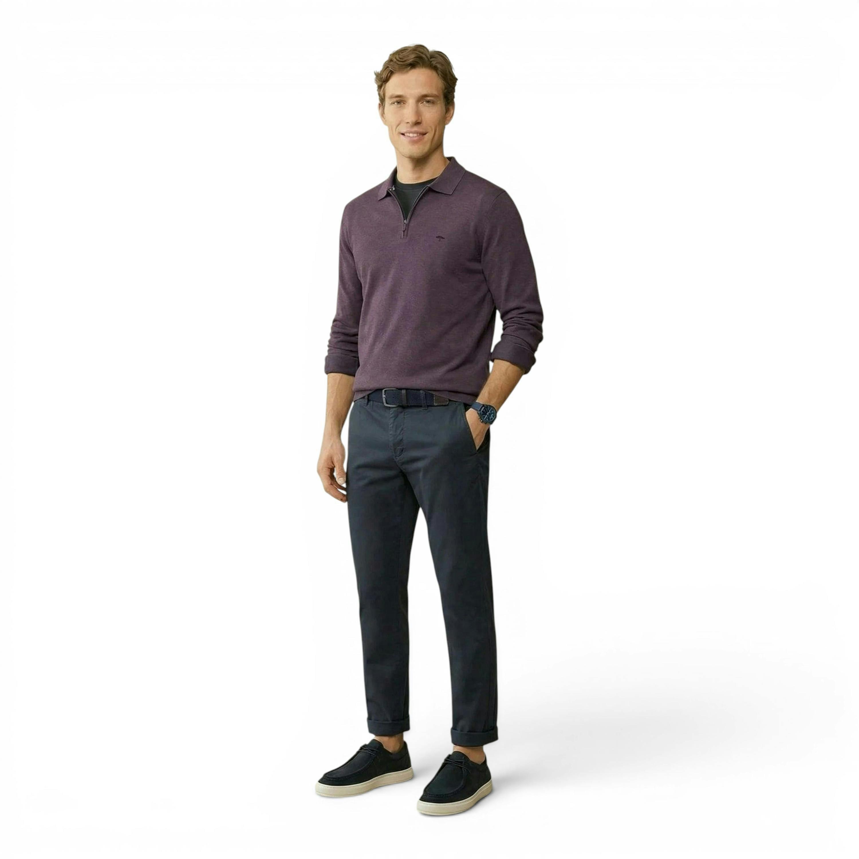 Zip Neck Polo Collar Knit Aubergine , view 3 of 5
