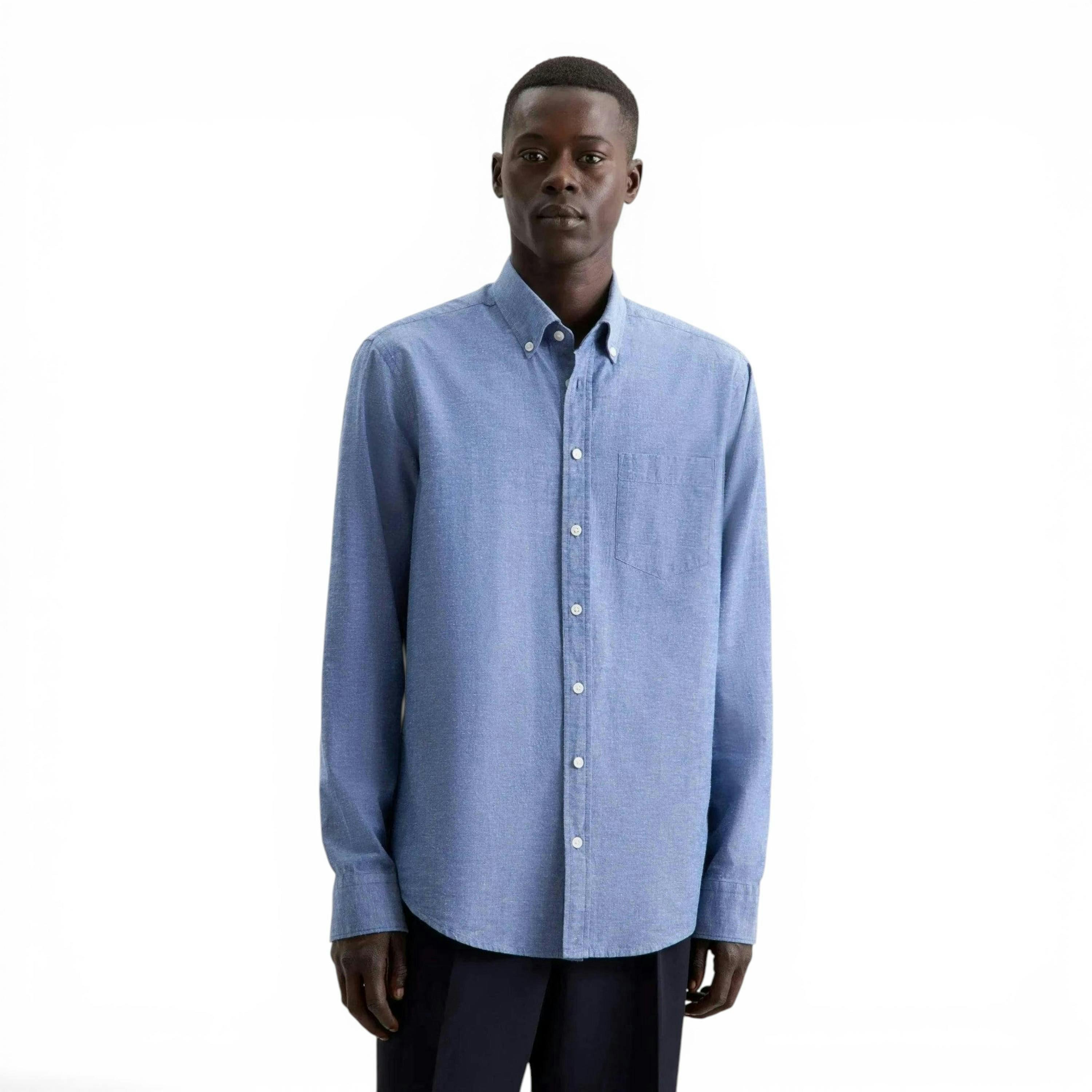 Seidensticker Regular Fit Button Down Linen Blend Chambray Shirt Mid Blue , view 1 of 6