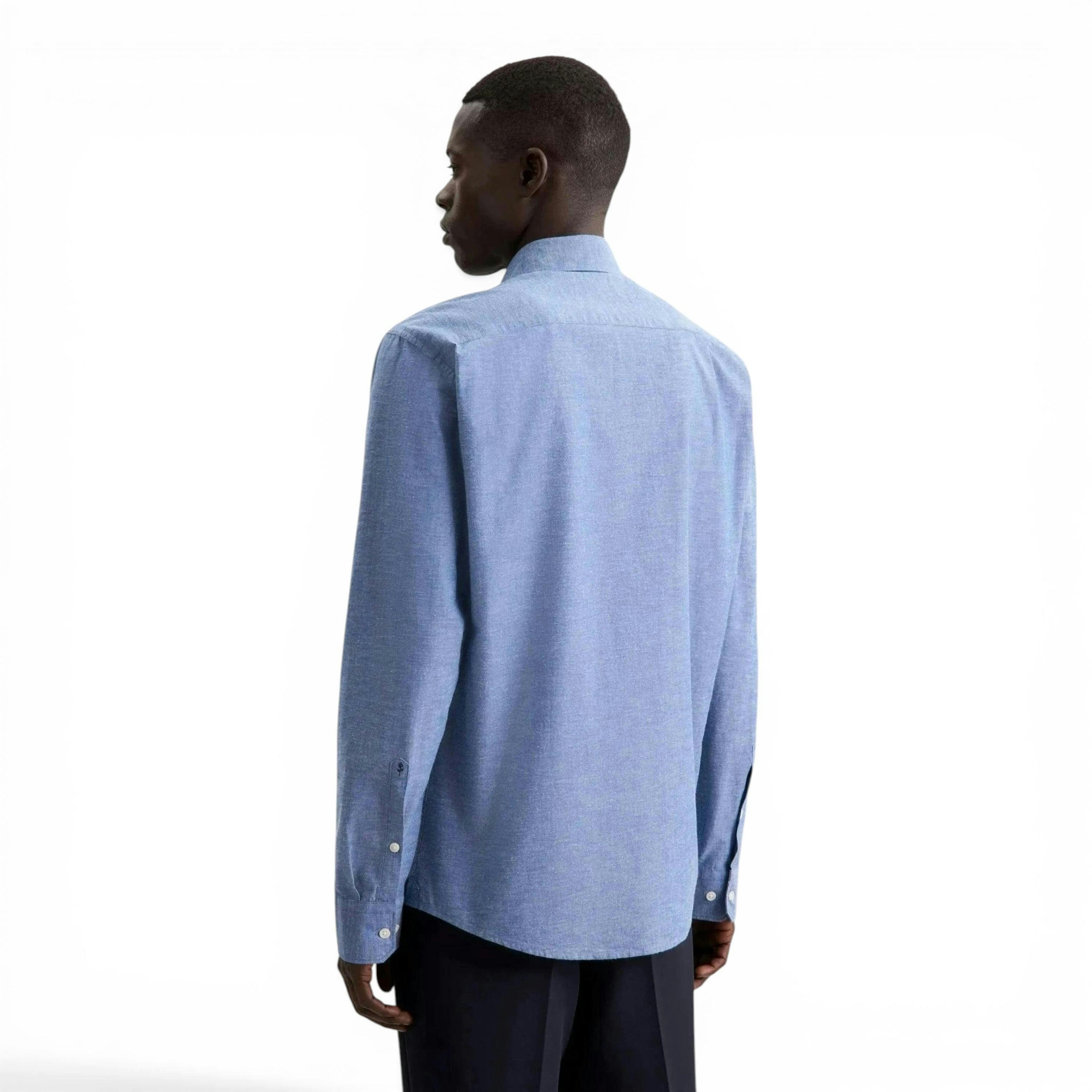 Regular Fit Button Down Linen Blend Chambray Shirt Mid Blue , view 2 of 6