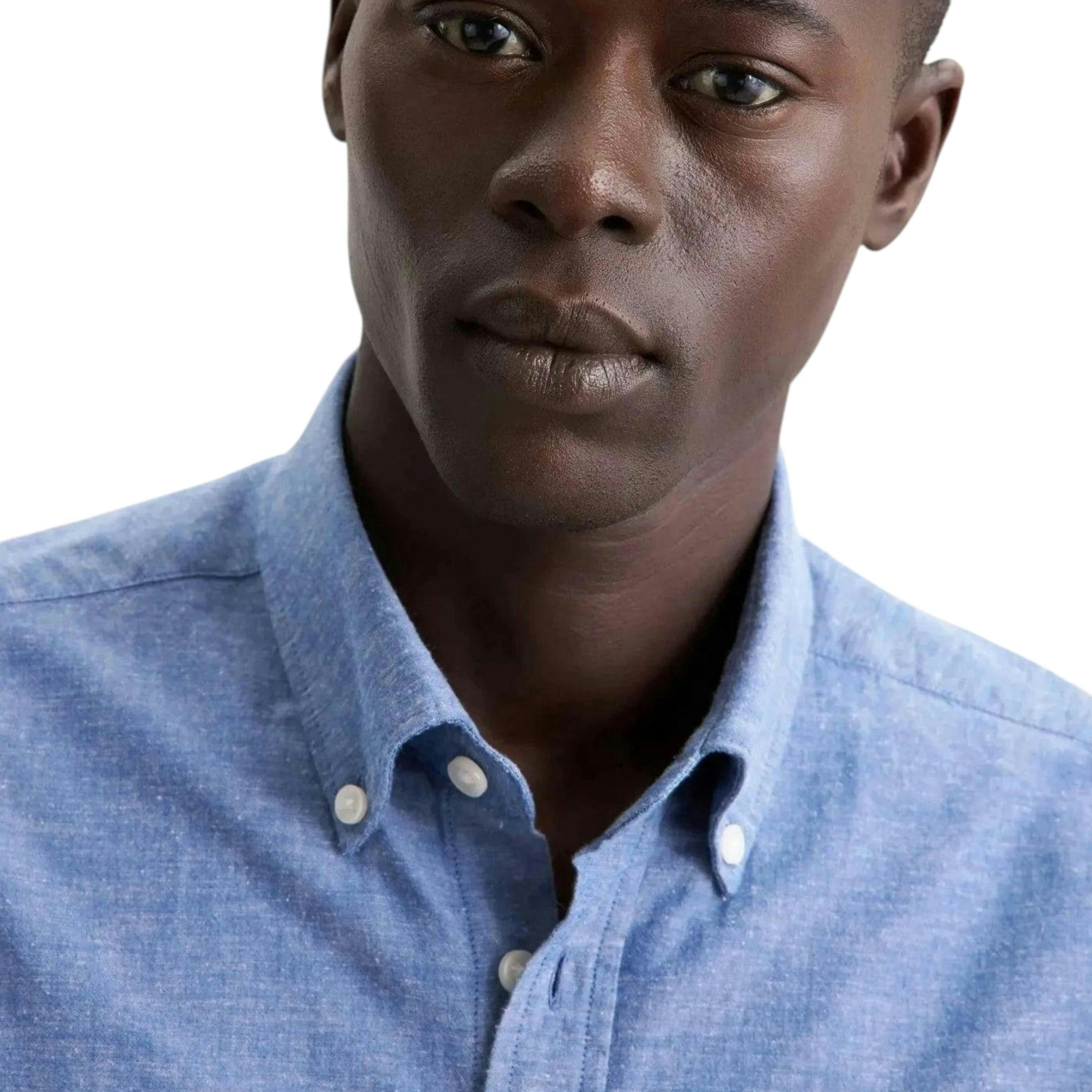 Regular Fit Button Down Linen Blend Chambray Shirt Mid Blue , view 3 of 6