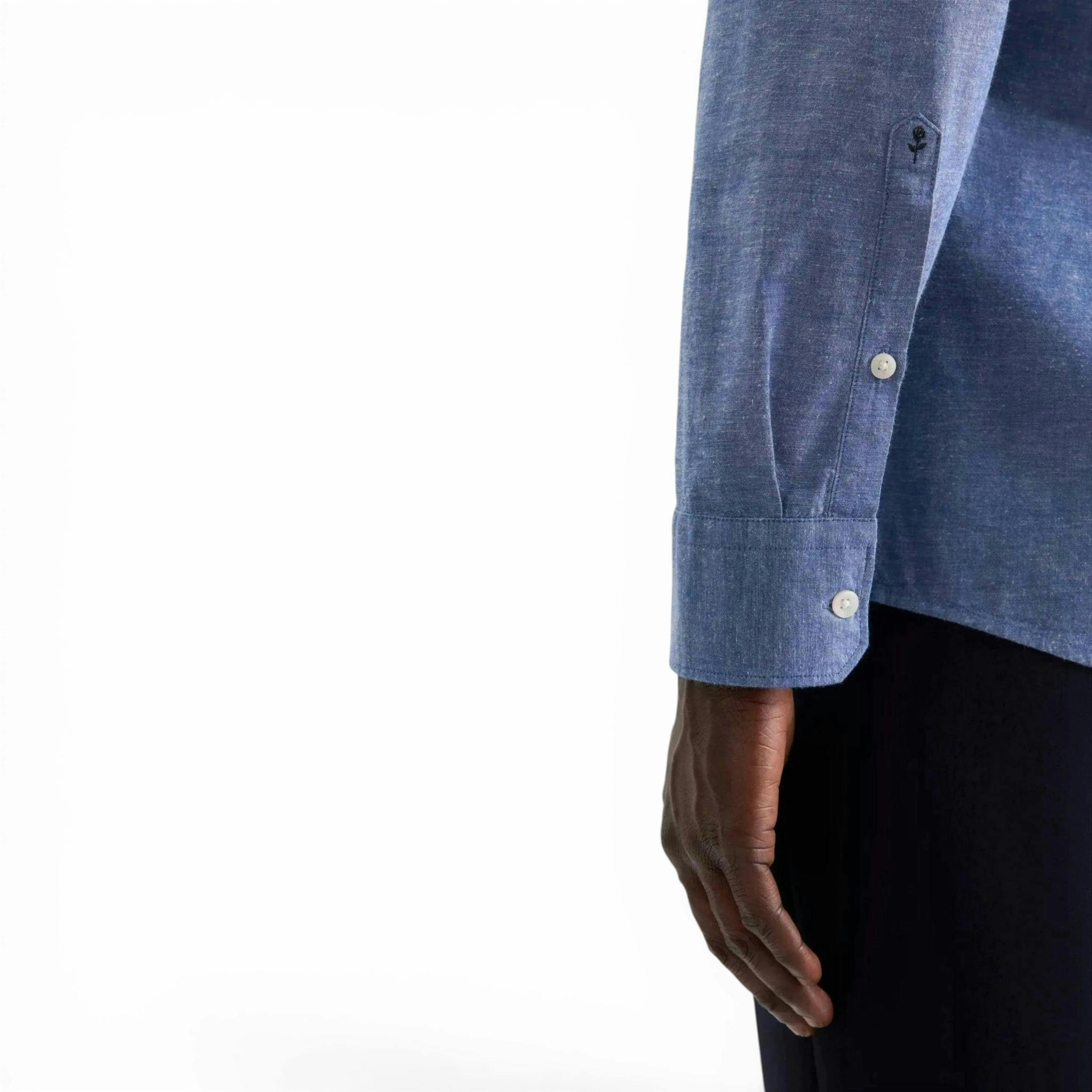 Regular Fit Button Down Linen Blend Chambray Shirt Mid Blue , view 4 of 6