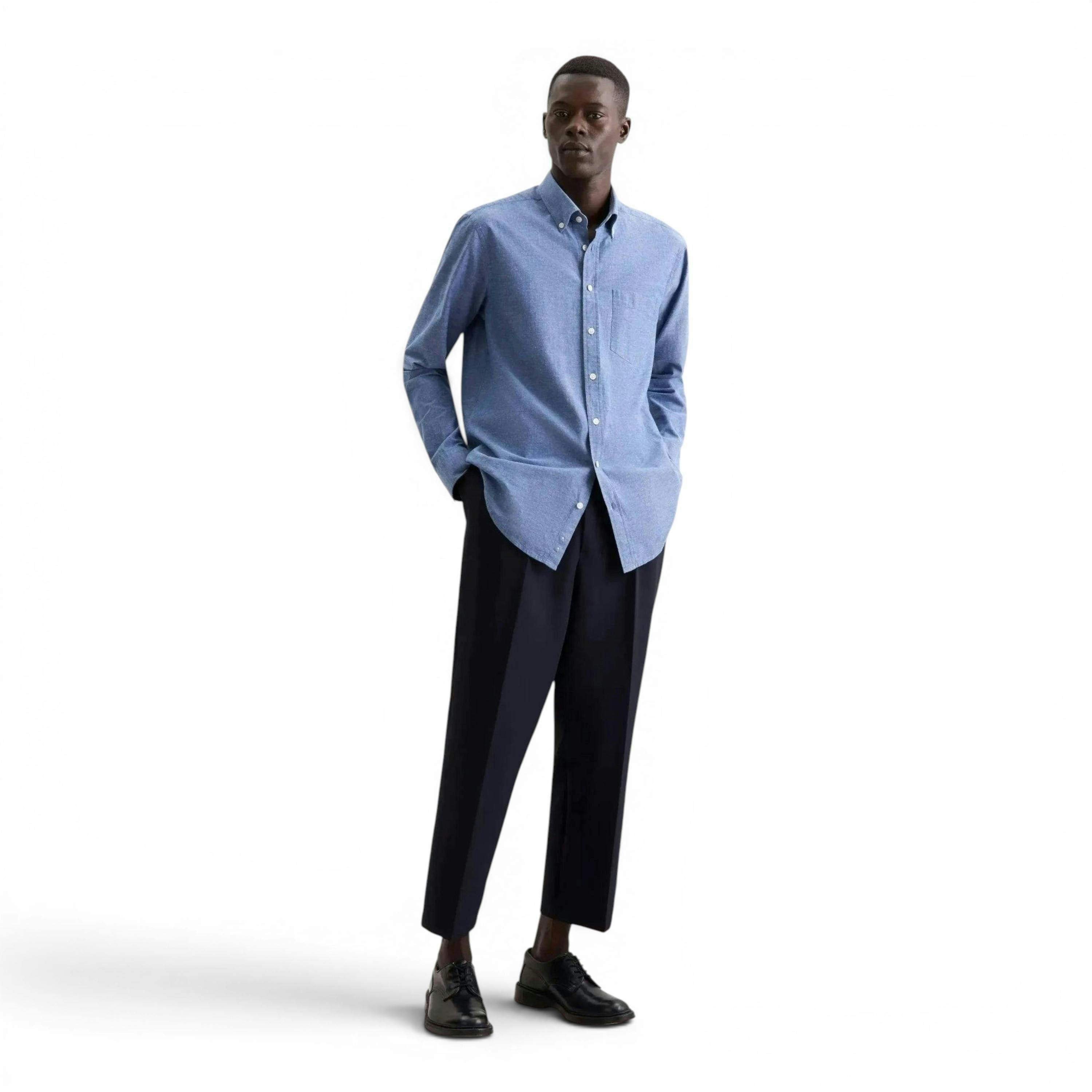 Regular Fit Button Down Linen Blend Chambray Shirt Mid Blue , view 5 of 6