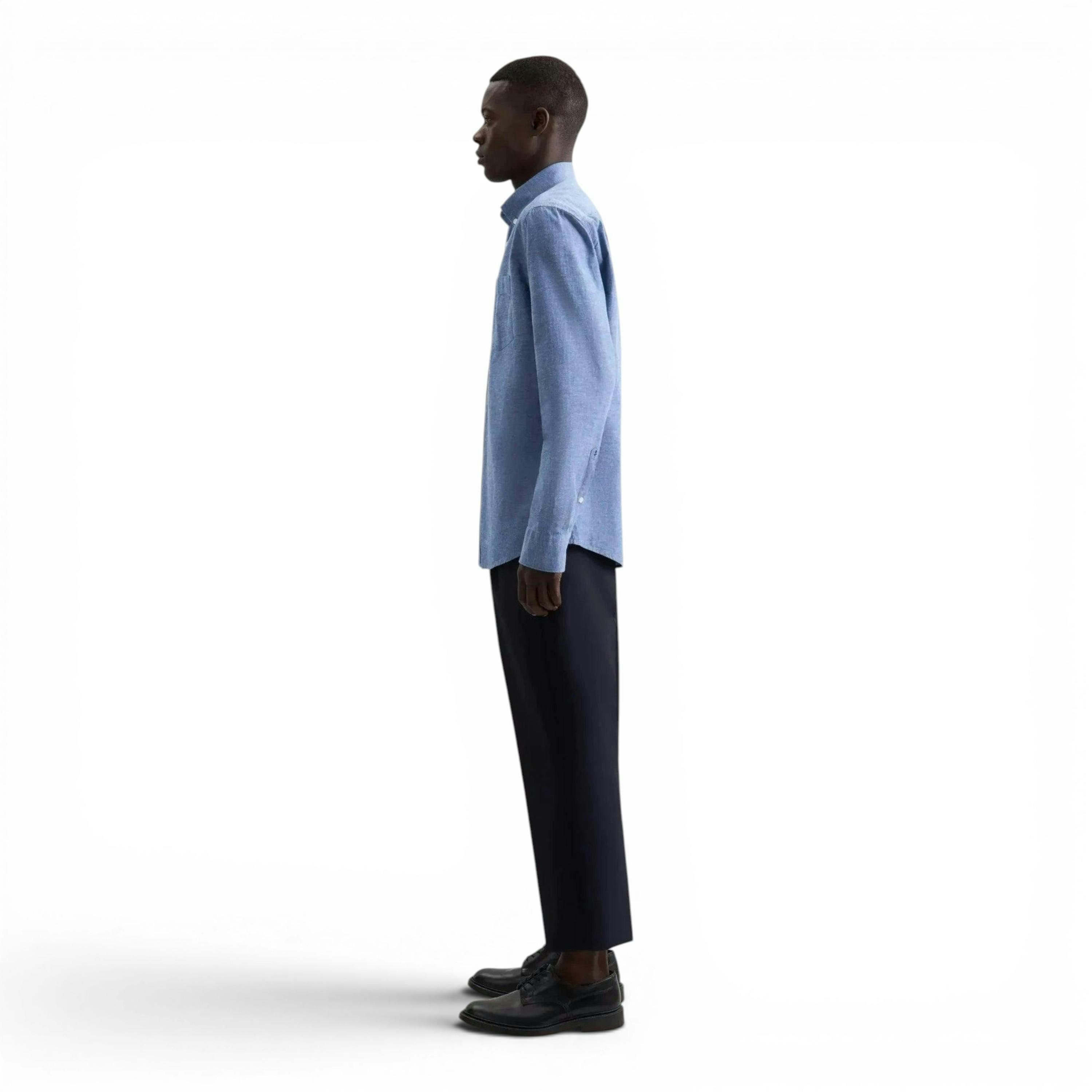 Regular Fit Button Down Linen Blend Chambray Shirt Mid Blue , view 6 of 6