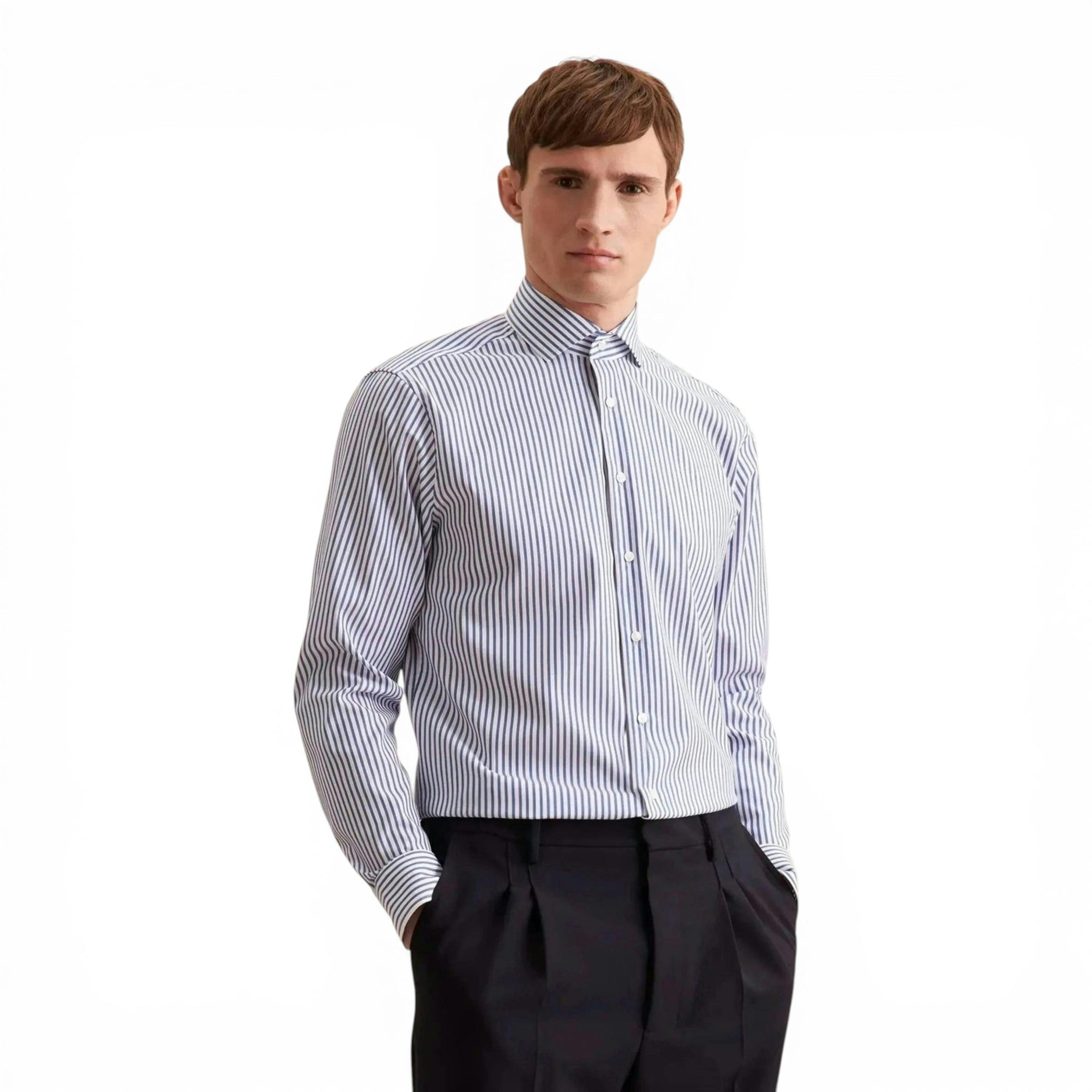 Seidensticker Regular Fit No Iron Spread Kent Structured Stripe Business Shirt Mid Blue , view 1 of 6