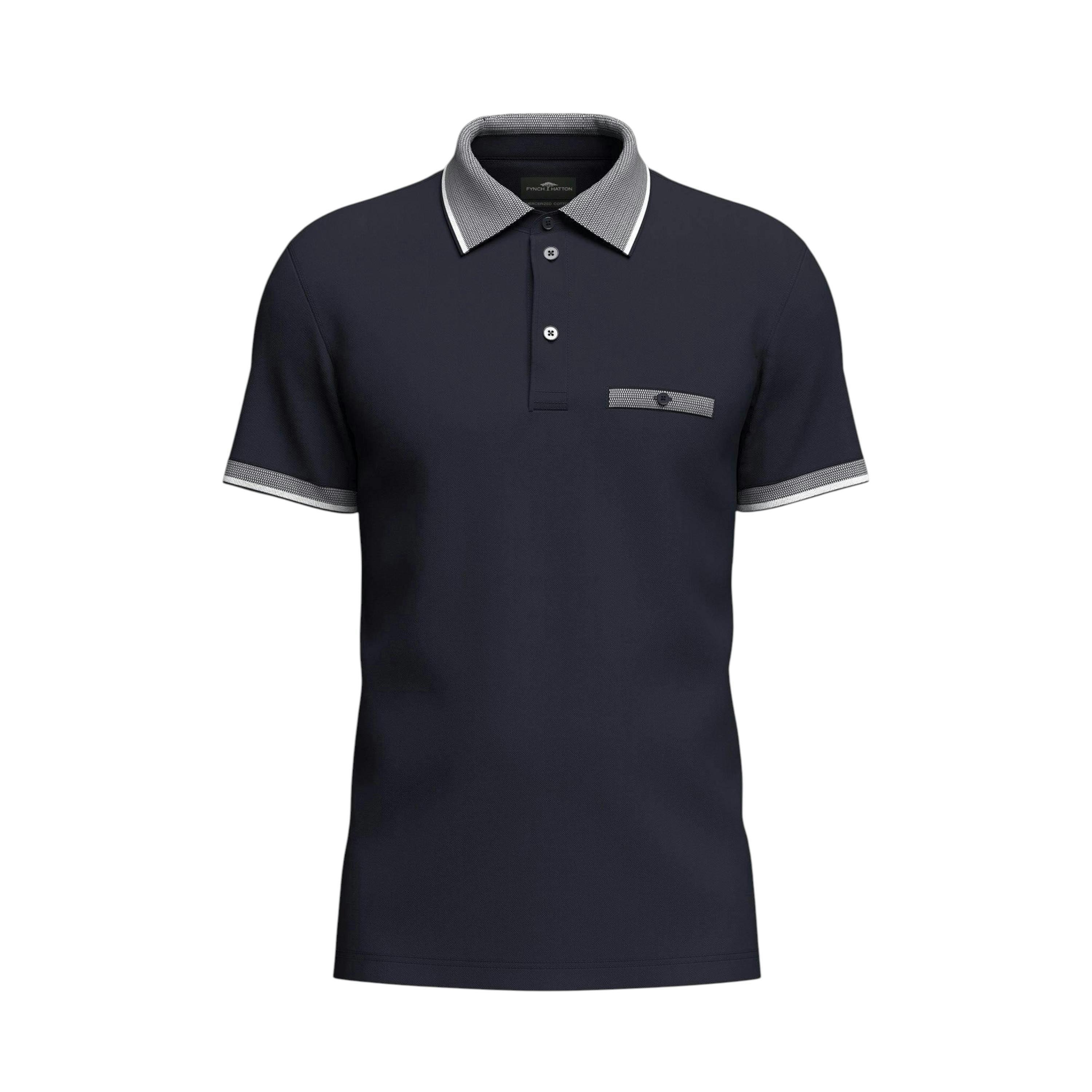 Mercerised Jacquard Collar Polo Shirt Navy , view 1 of 2