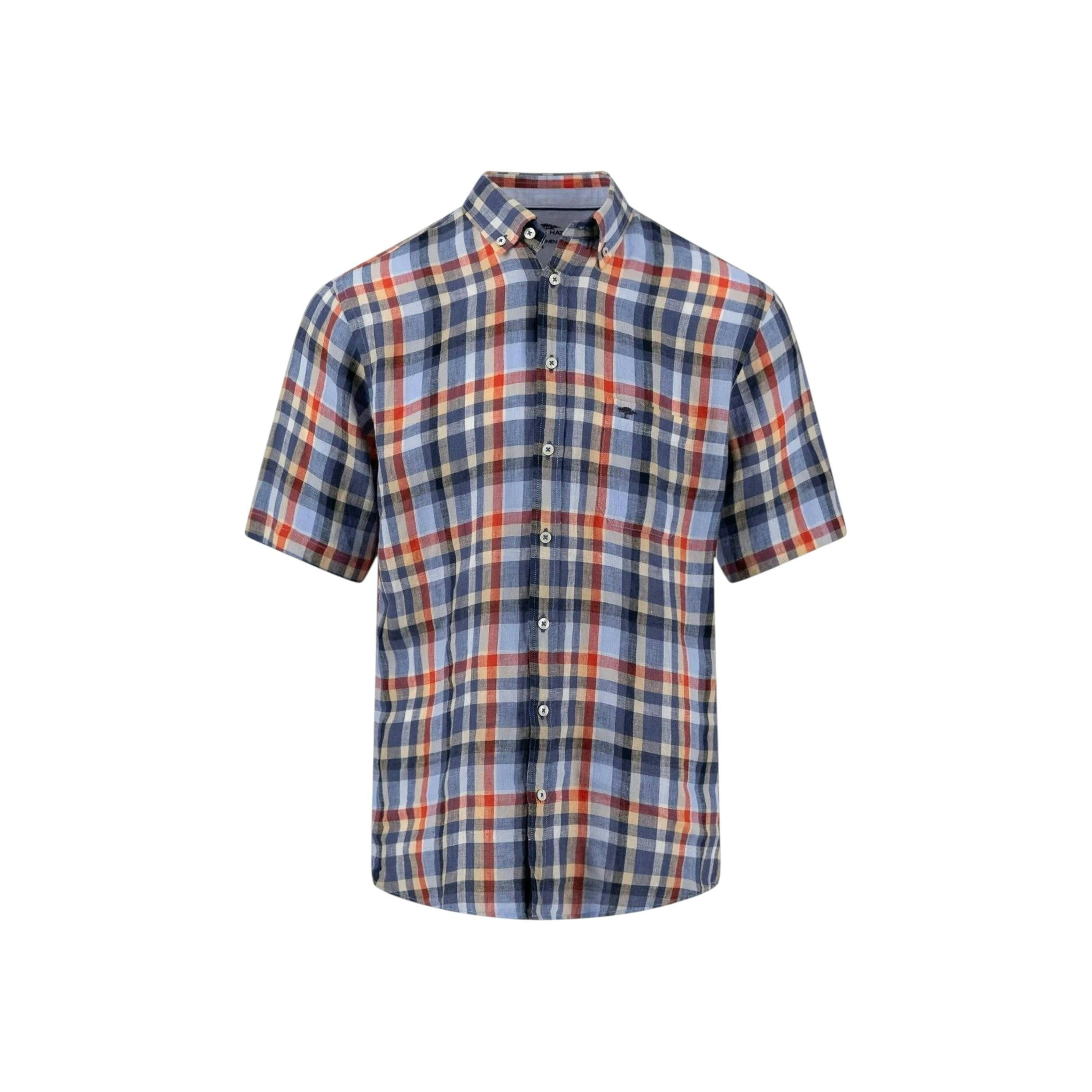Linen Check Button Down Short Sleeved Shirt Spicy Red , view 1 of 5