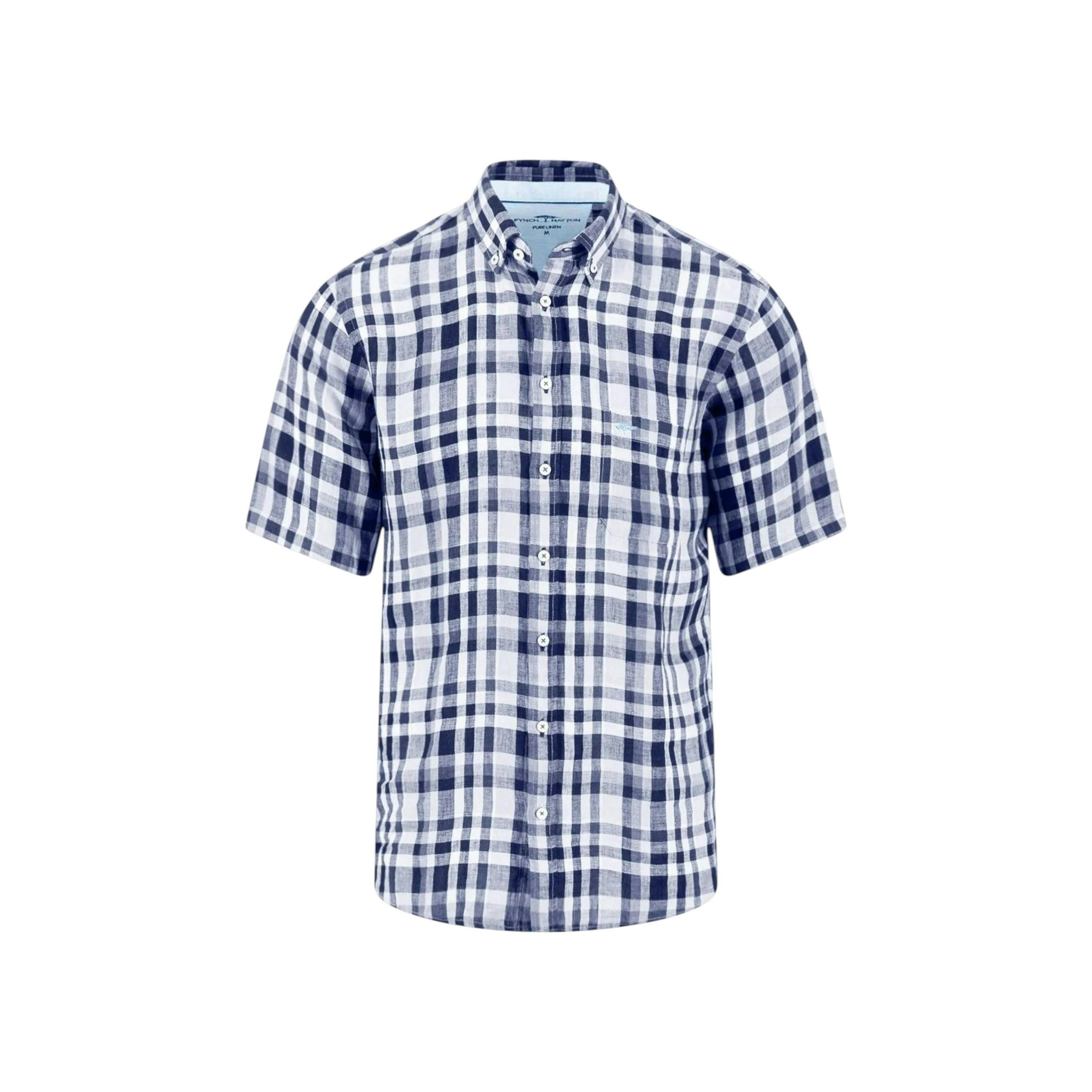 Linen Check Button Down Short Sleeved Shirt Navy , view 1 of 5