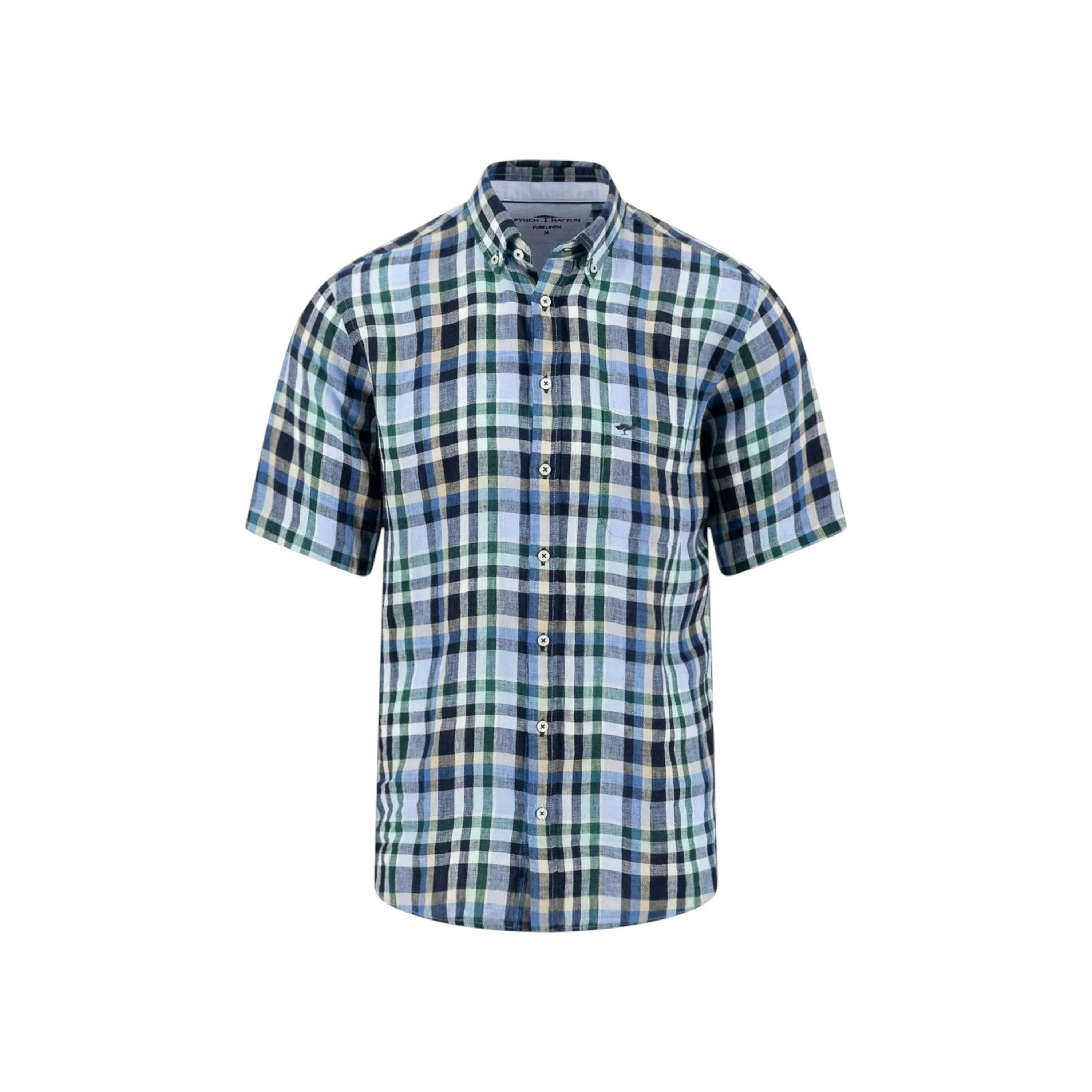 Linen Check Button Down Short Sleeved Shirt Pine Green , view 1 of 5