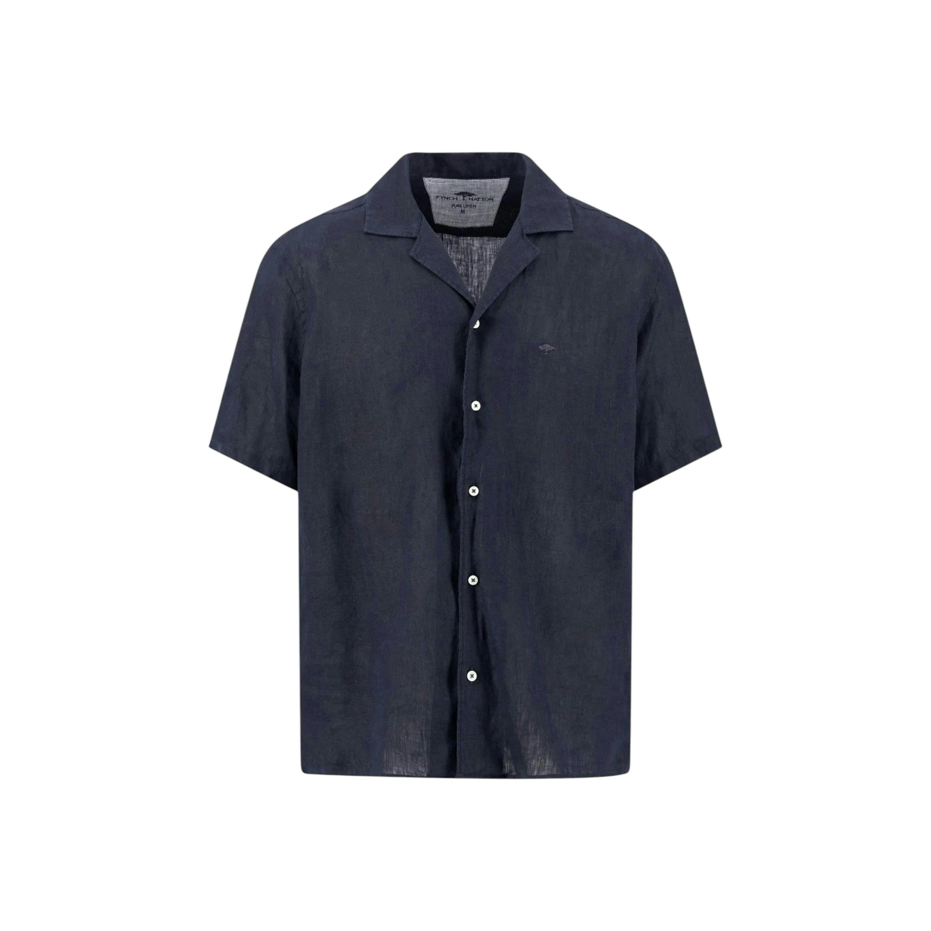 Pure Linen Lapel Collar Short Sleeved Shirt Navy , view 1 of 2