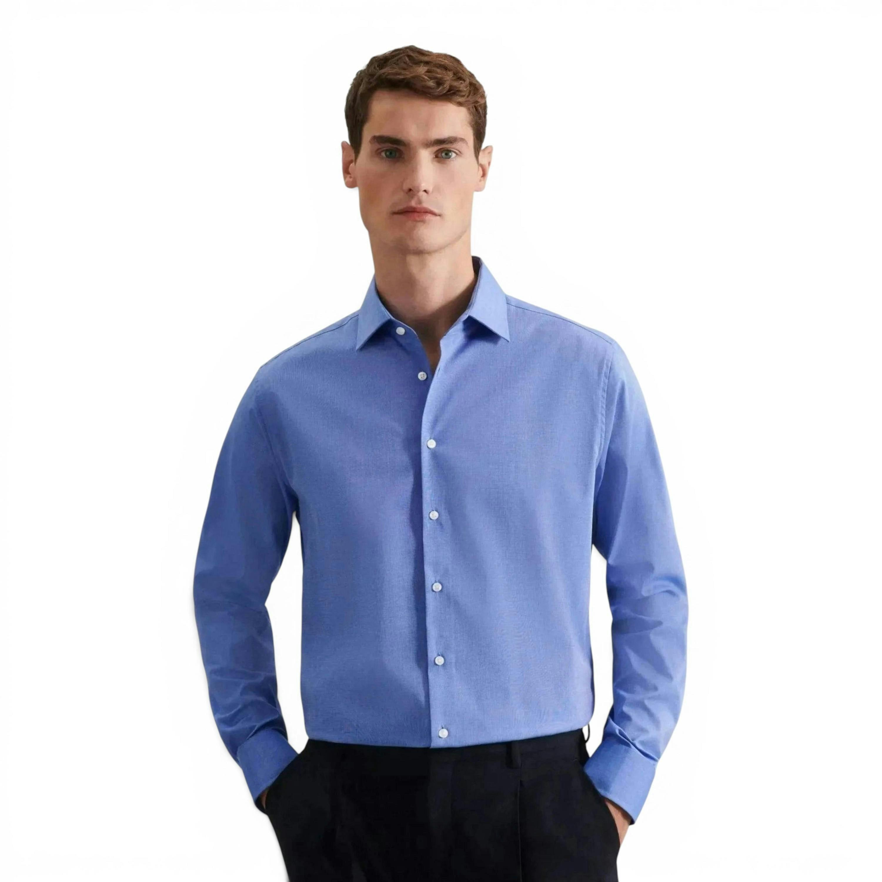 Seidensticker Shaped Fit No Iron Kent Collar Business Shirt Mid Blue , view 1 of 6