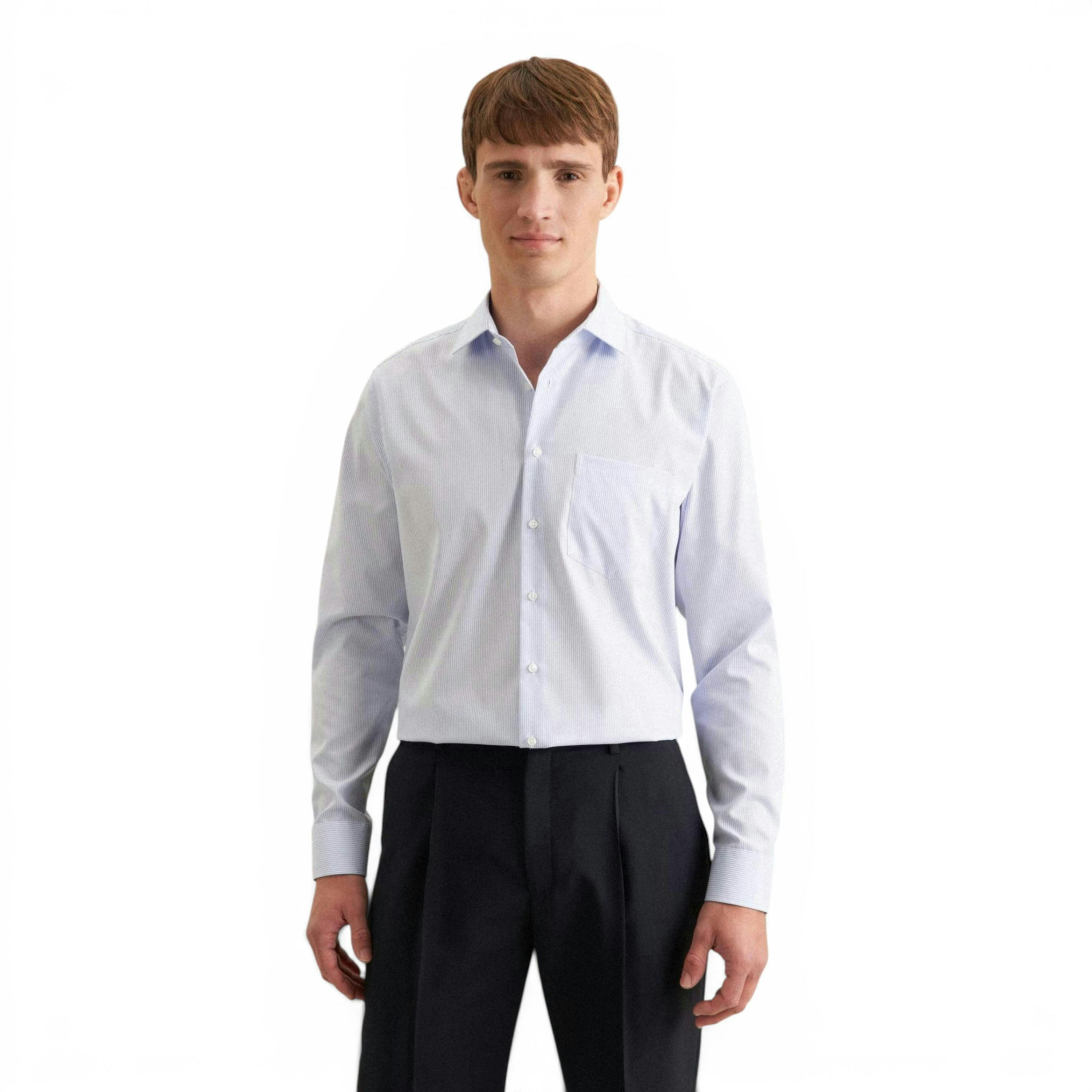 Seidensticker Regular Fit No Iron Kent Collar Striped Business Shirt Light Blue , view 1 of 6