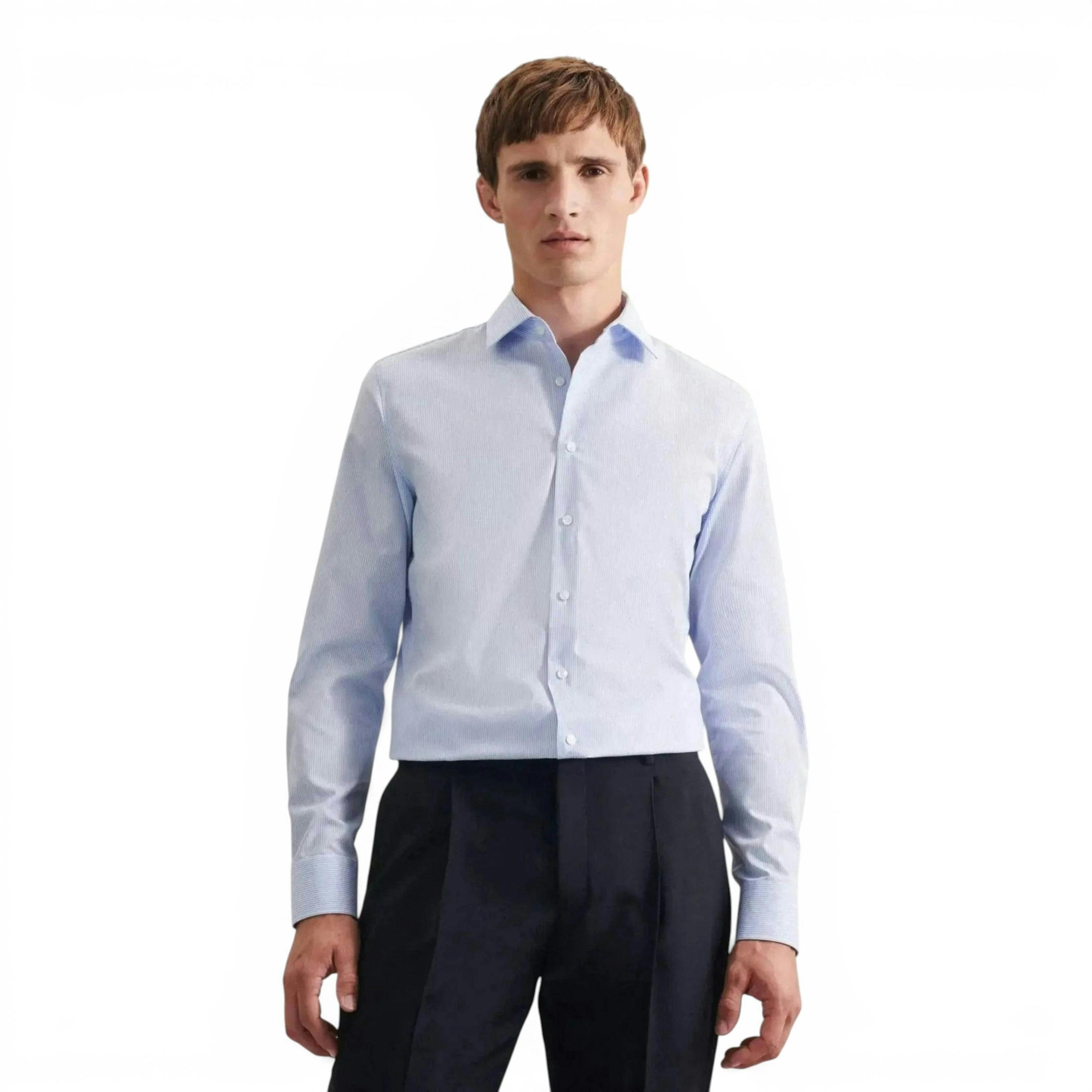 Seidensticker Slim Fit No Iron Kent Collar Striped Business Shirt Light Blue , view 1 of 6