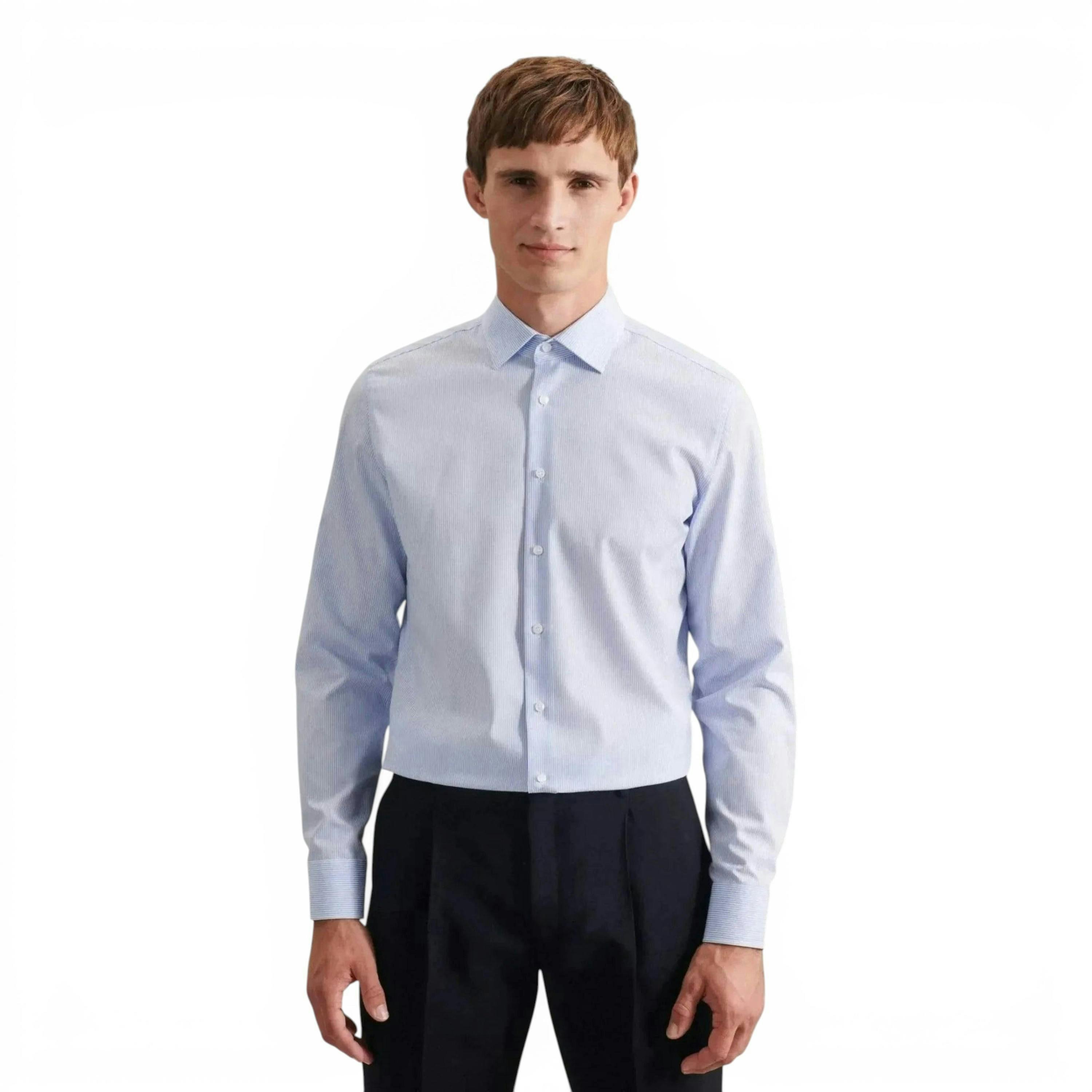 Slim Fit No Iron Kent Collar Striped Business Shirt Light Blue , view 5 of 6