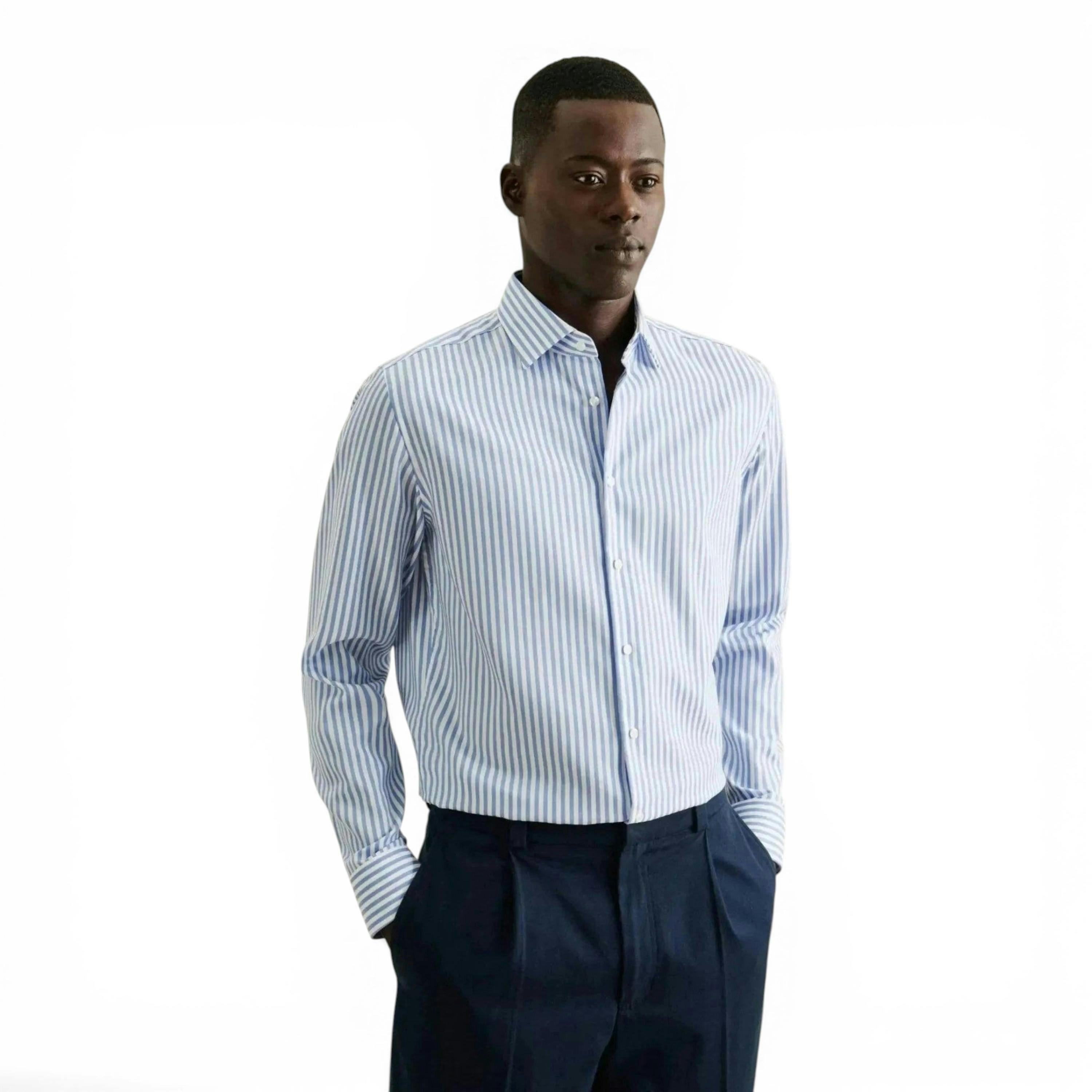 Seidensticker Shaped Fit No Iron New Kent Striped Business Shirt Light Blue , view 1 of 6