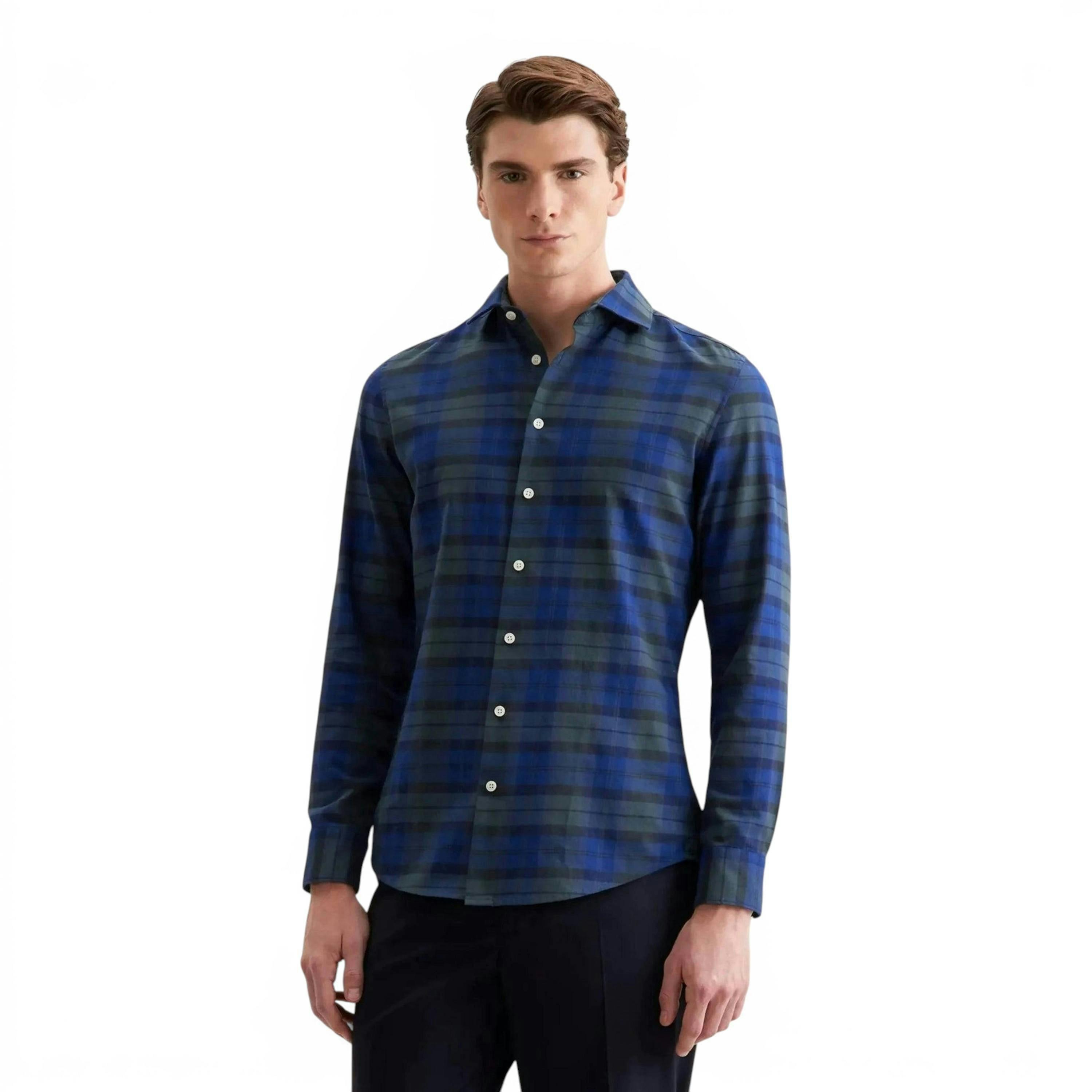 Seidensticker Slim Fit Spread Kent Check Flannel Shirt Dark Blue , view 1 of 6