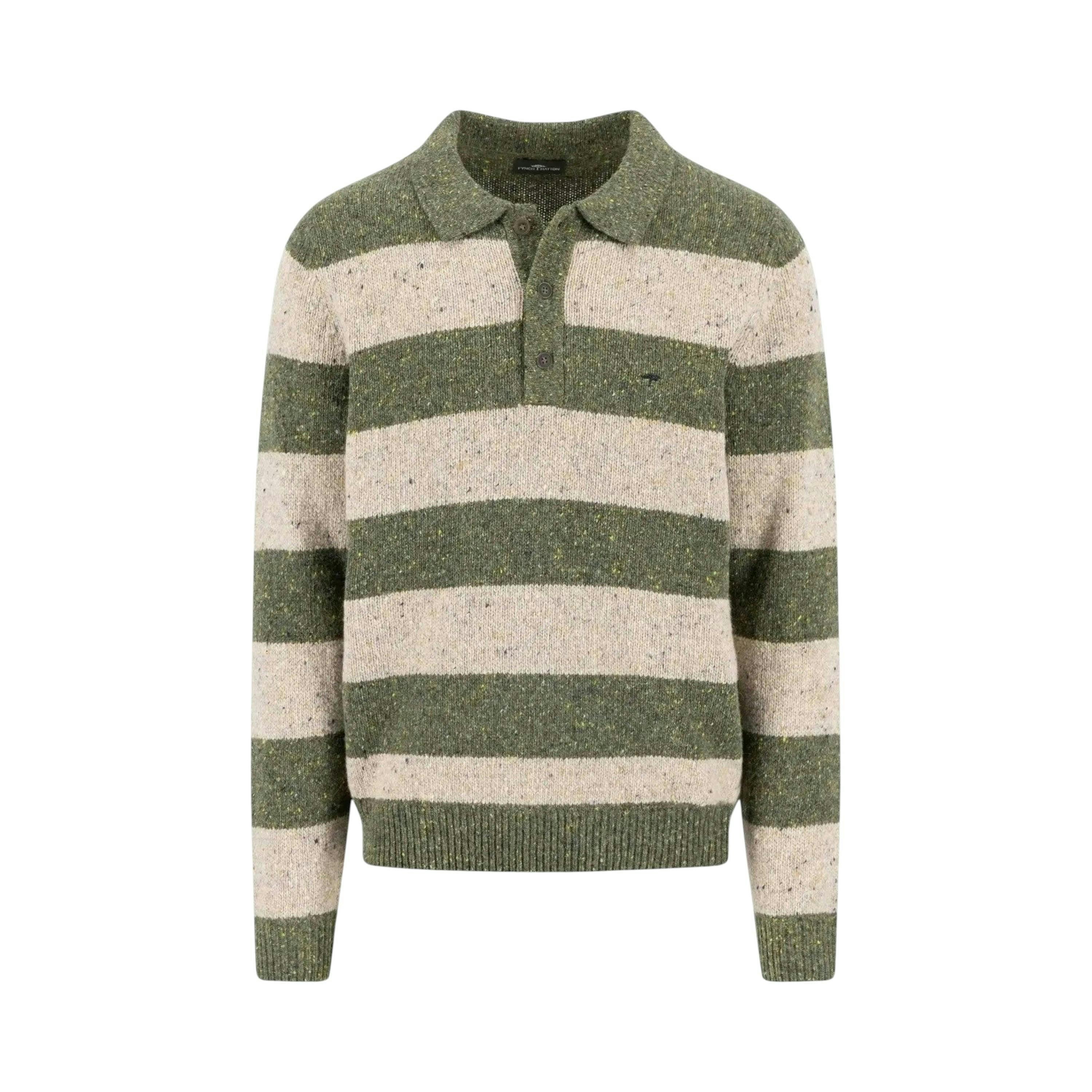 Donegal Wool Striped Polo Collar Knit Dark Ivy , view 1 of 3