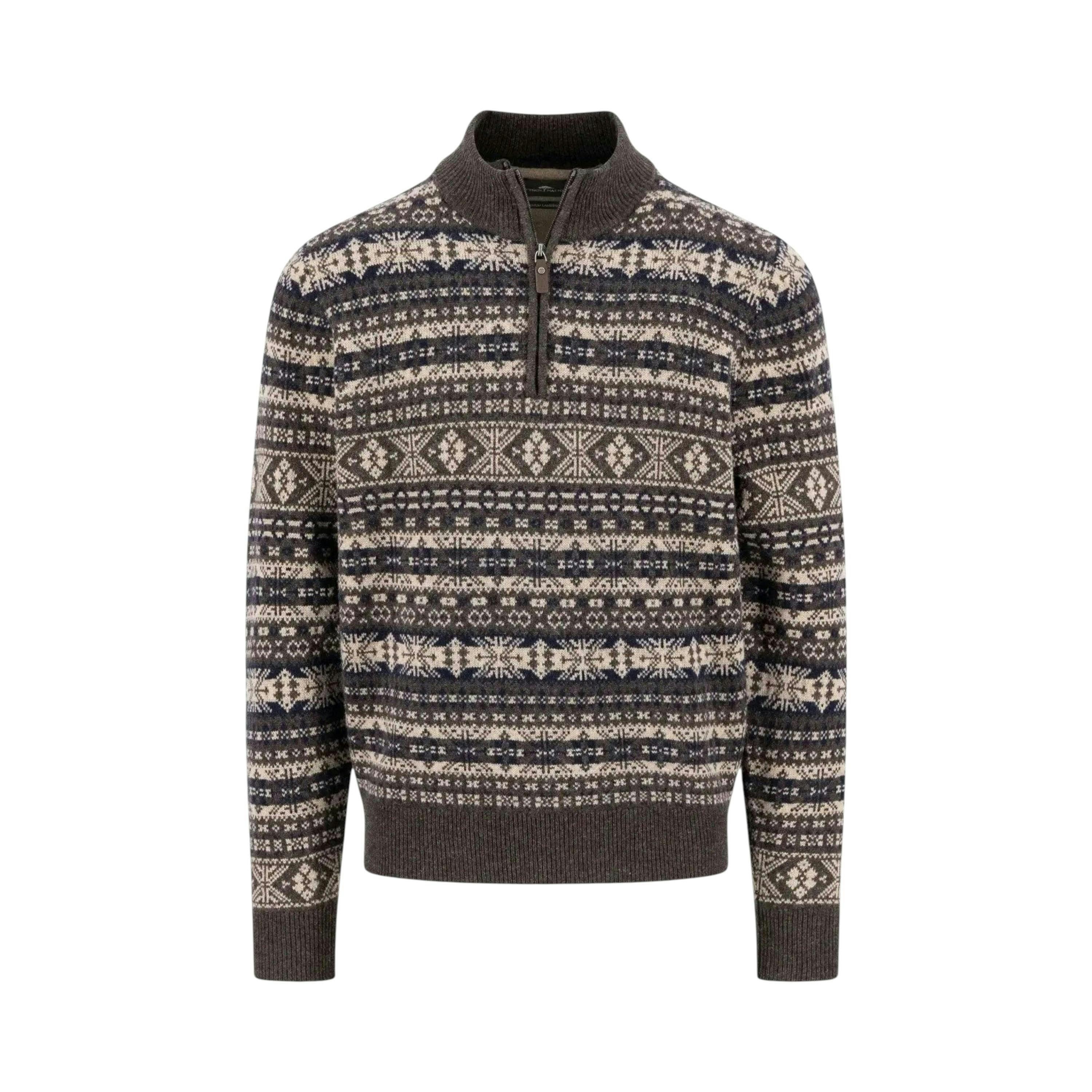 Lambswool Jacquard 1/4 Zip Knit Dark Chocolate , view 1 of 3