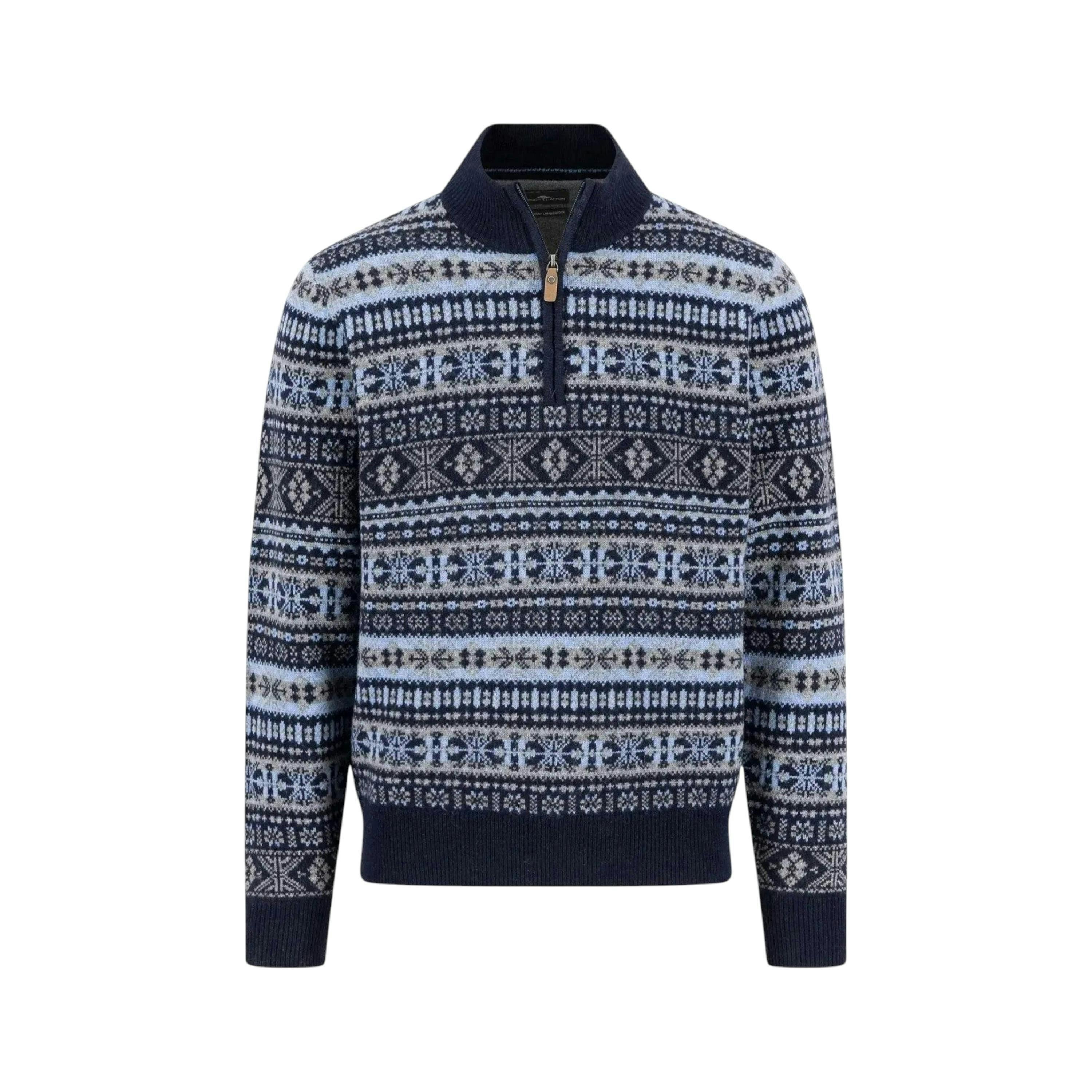 Lambswool Jacquard 1/4 Zip Knit Navy , view 1 of 3