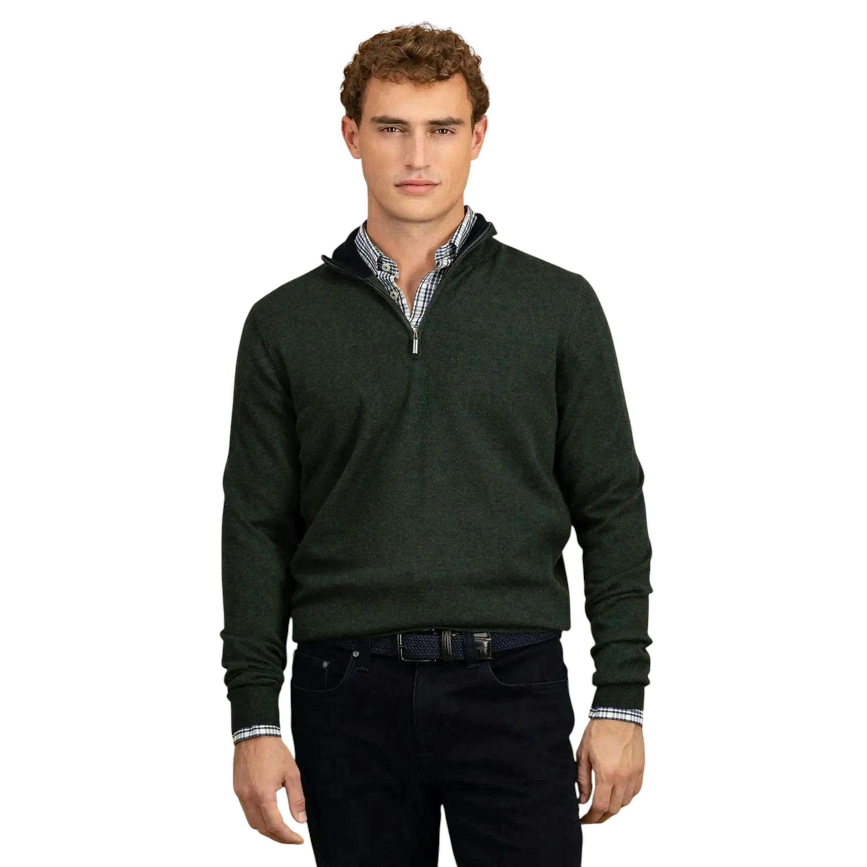 Merino Wool Cashmere 1/4 Zip Knit Dark Ivy , view 2 of 5