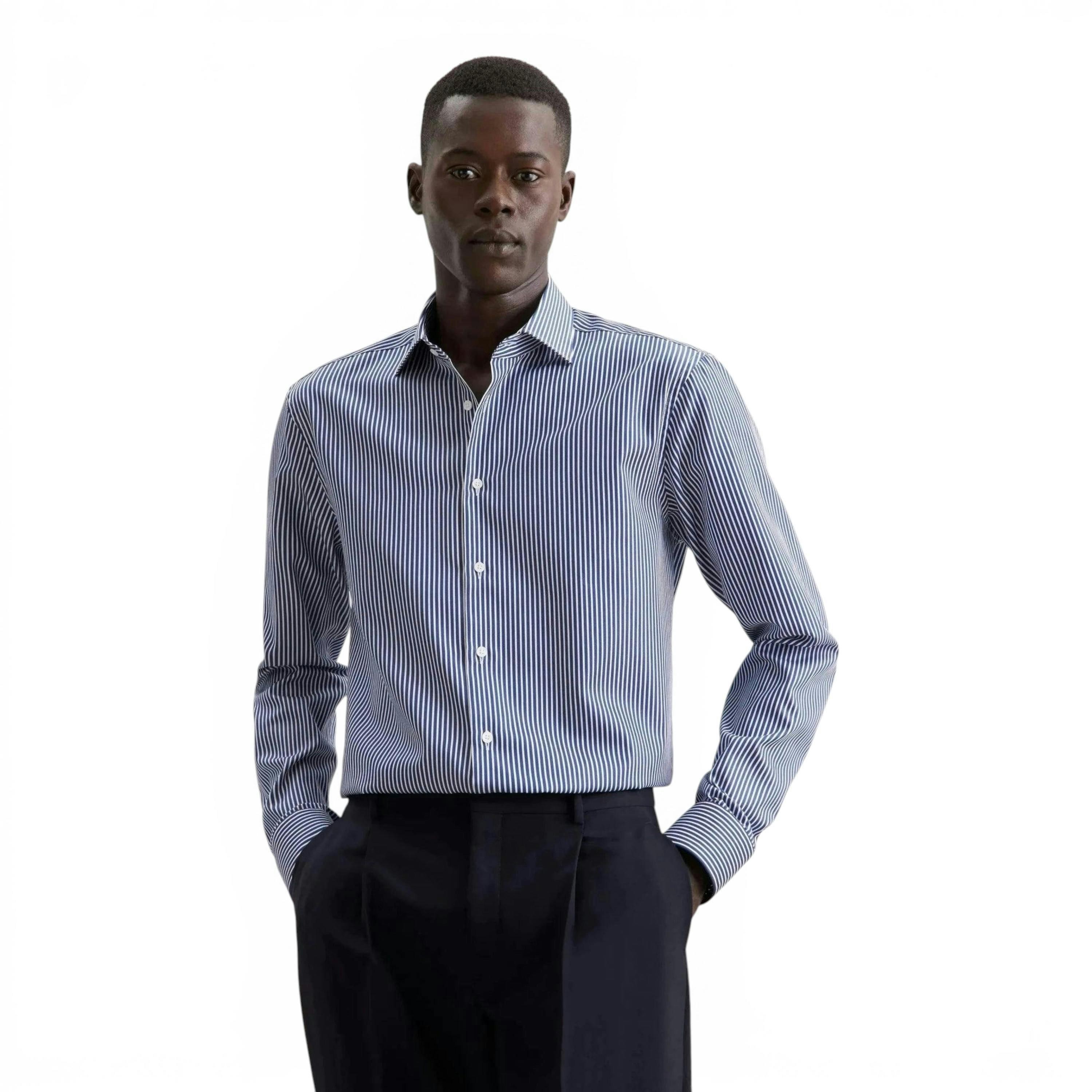 Seidensticker Regular Fit Easy Iron New Kent Striped Business Shirt Dark Blue , view 1 of 6