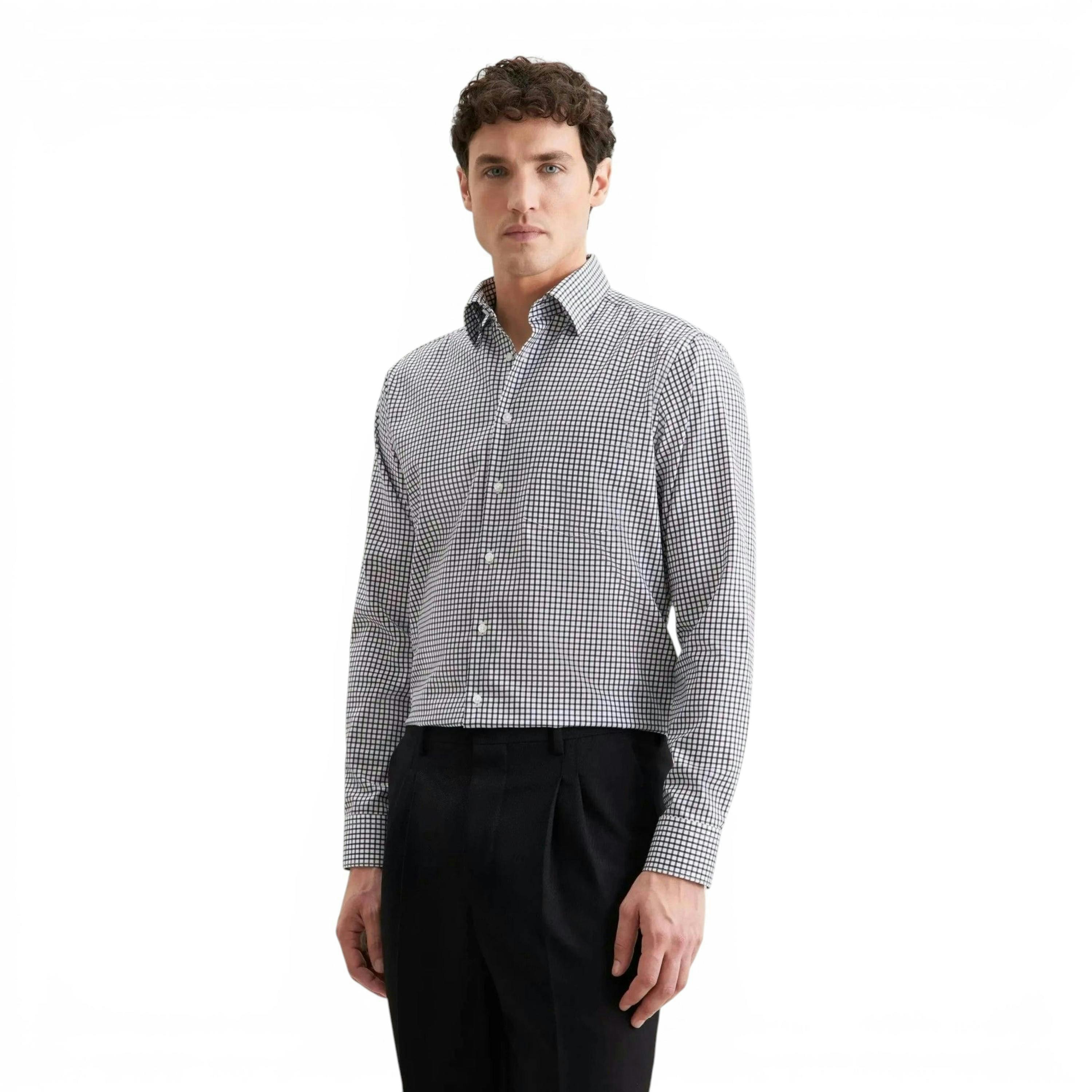 Regular Fit No Iron Covered Button Down Check Business Shirt Dark Blue , view 1 of 6
