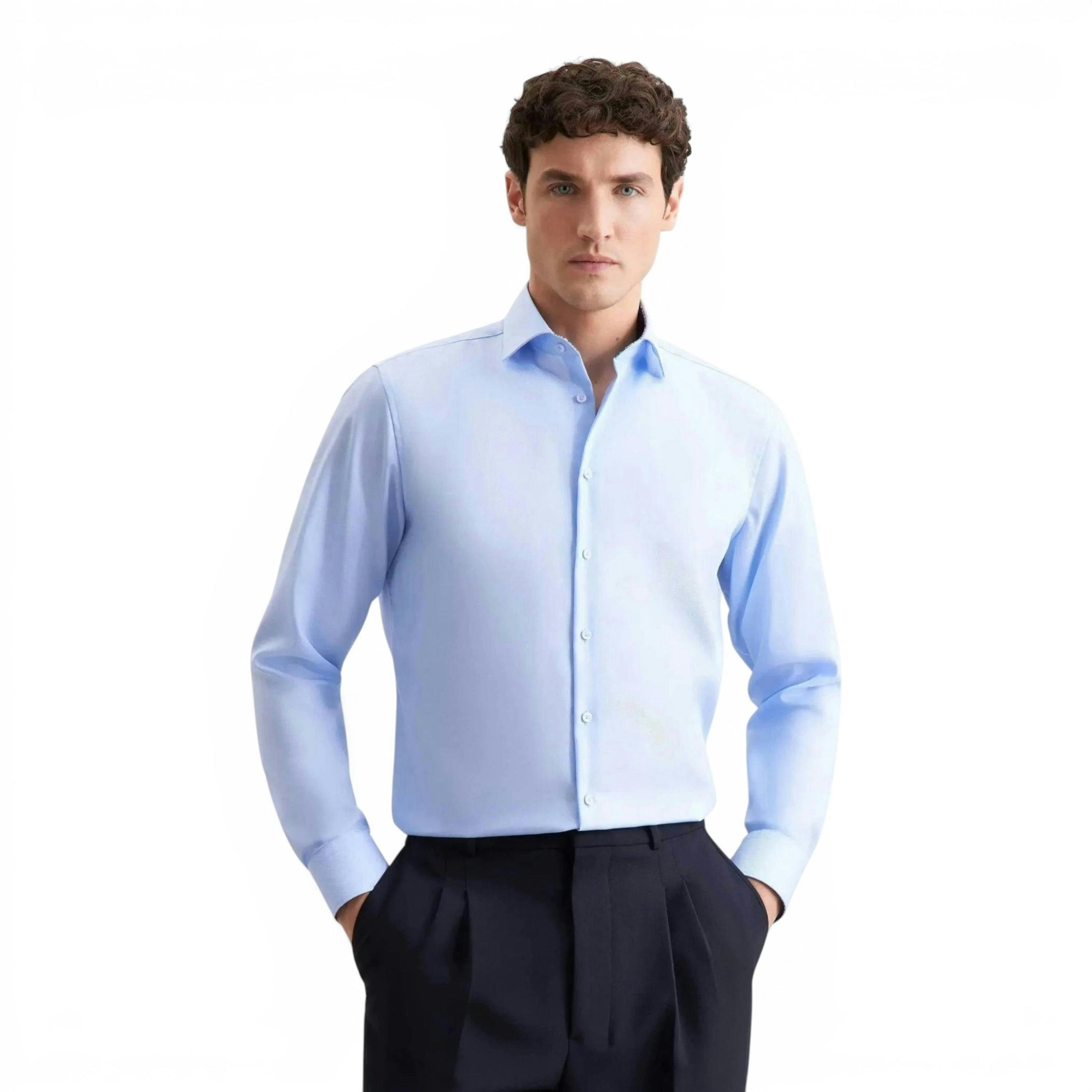 Seidensticker Regular Fit No Iron Contrast Patched Kent Collar Business Shirt Light Blue , view 1 of 6