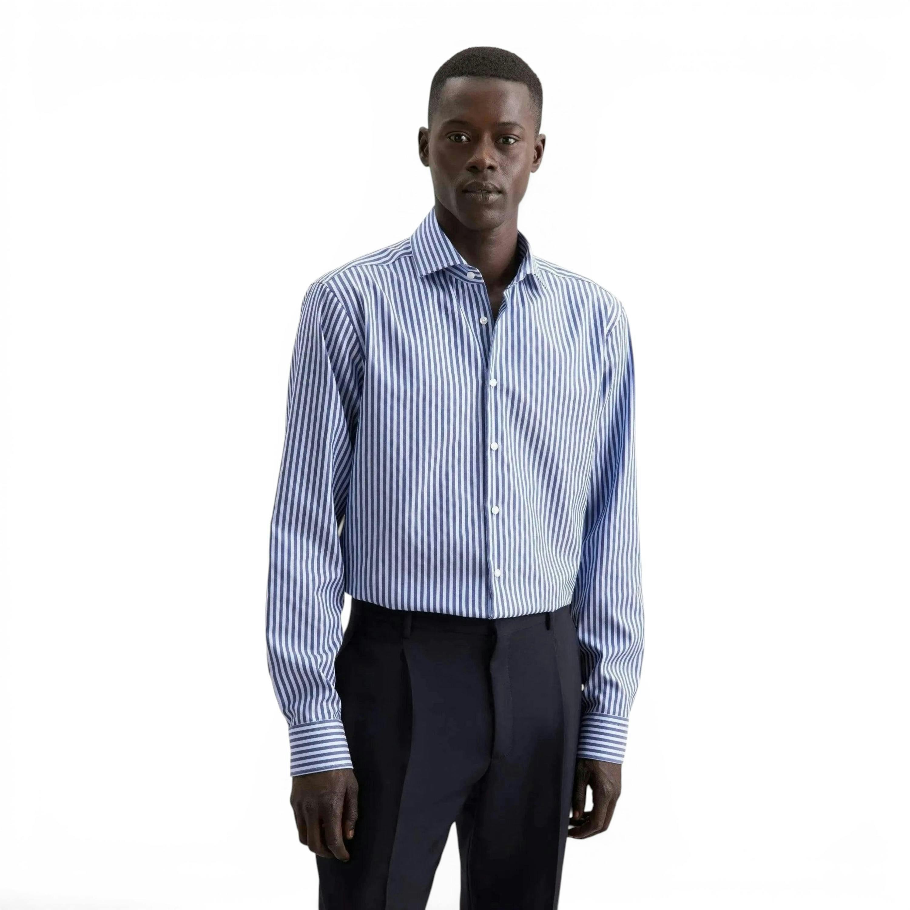 Seidensticker Regular Fit No Iron Spread Kent Structured Stripe Business Shirt Dark Blue , view 1 of 6