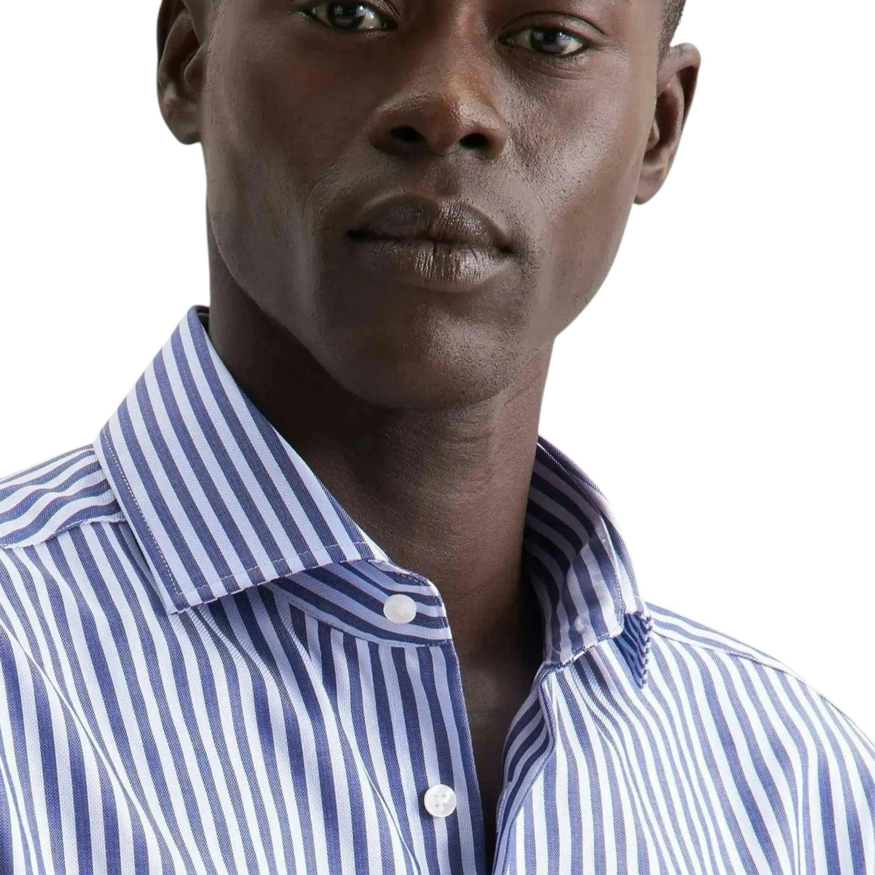 Seidensticker Regular Fit No Iron Spread Kent Structured Stripe Business Shirt Dark Blue , view 3 of 6