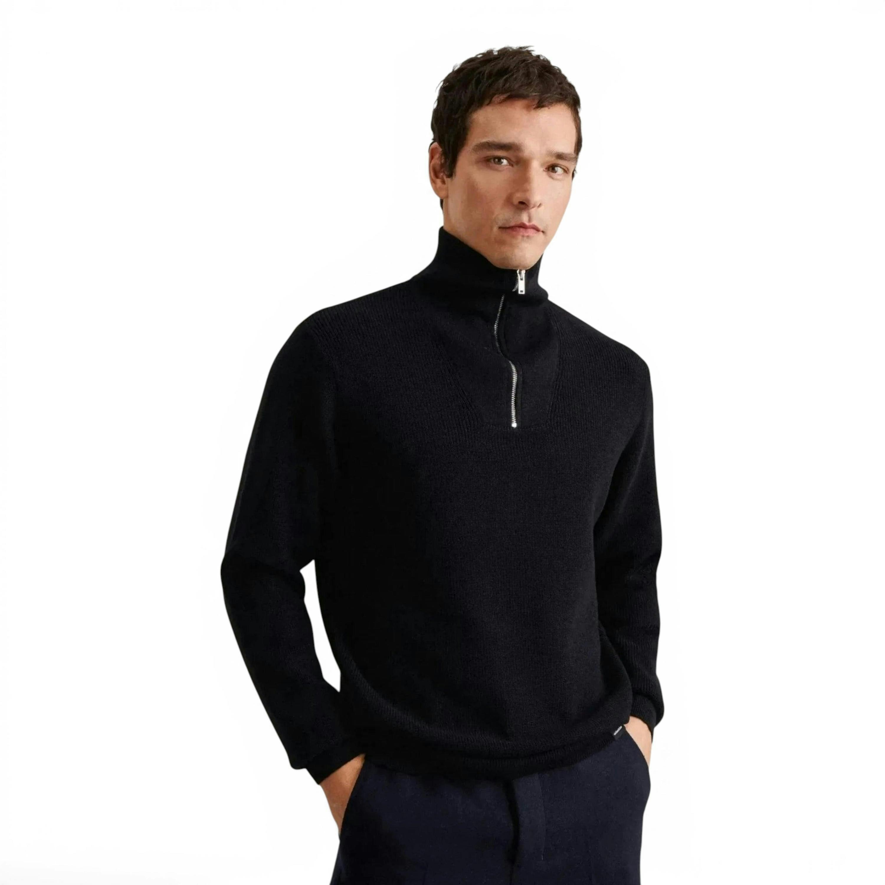 Seidensticker Merino Wool Stand Collar 1/4 Zip Knit Dark Blue , view 1 of 6