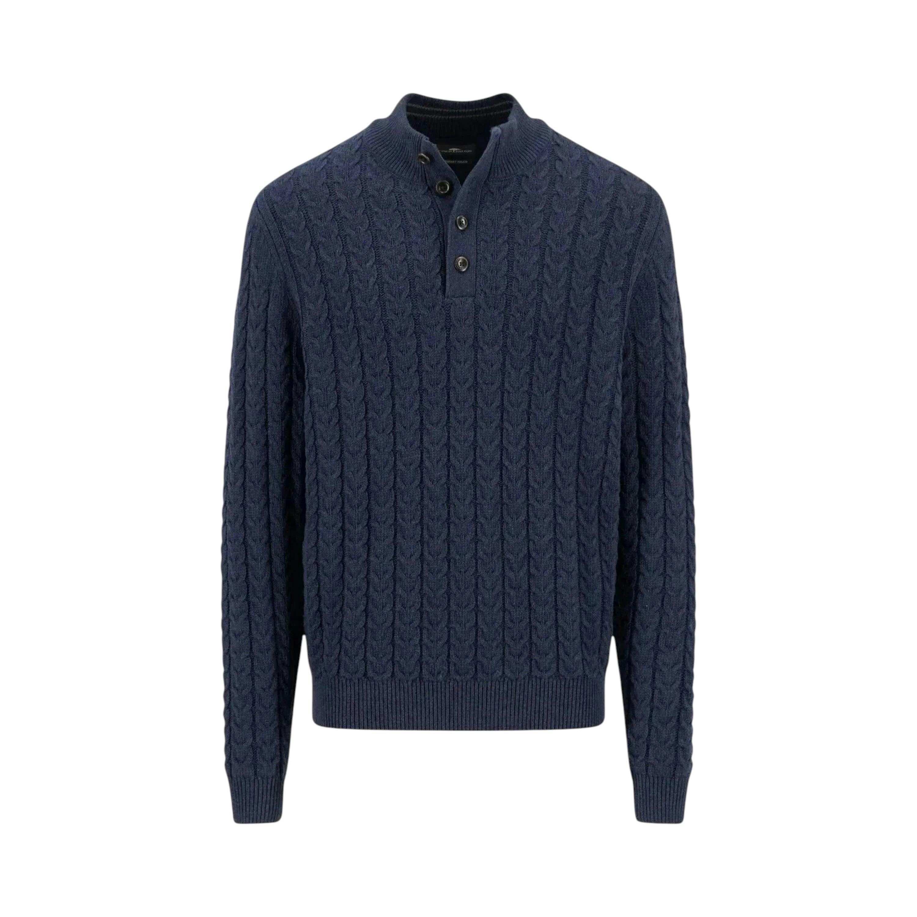 Cotton-Wool Button Neck Cable Knit Sweater Navy , view 1 of 2