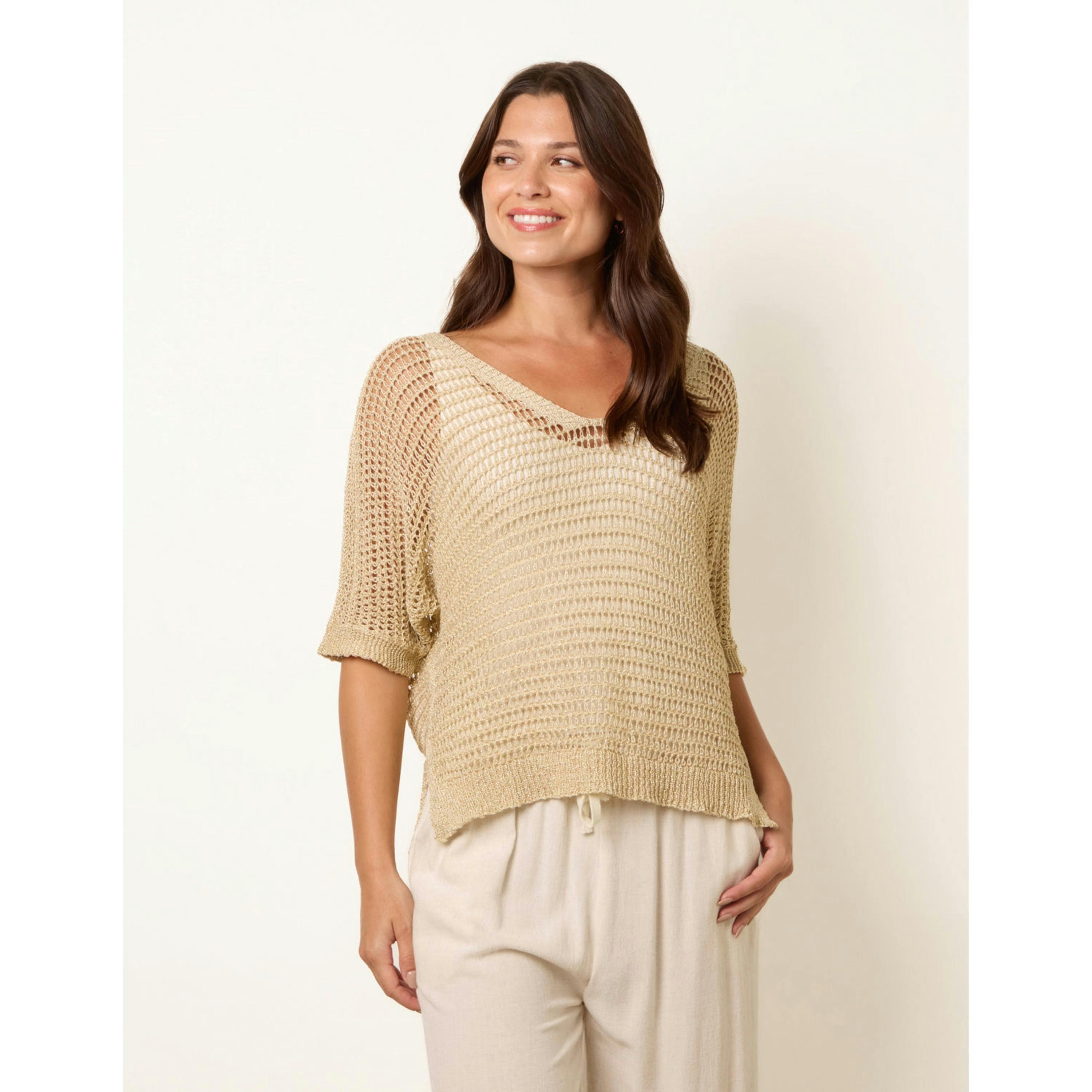 Blue Vanilla Metallic Crochet V Neck Top  in Beige , view 1 of 4
