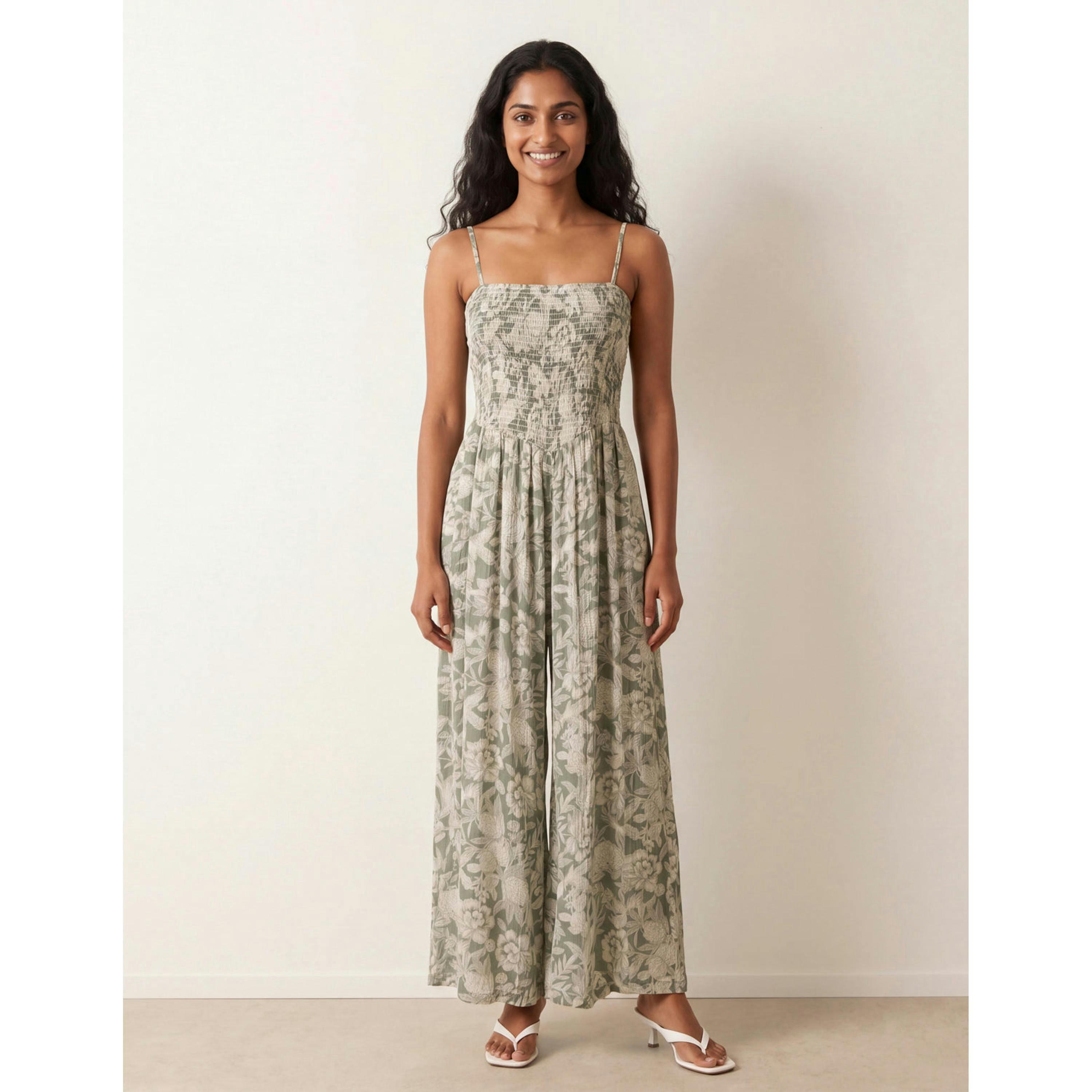 Blue Vanilla Crinkle Shirred Strappy Jumpsuit  in Green , view 1 of 4
