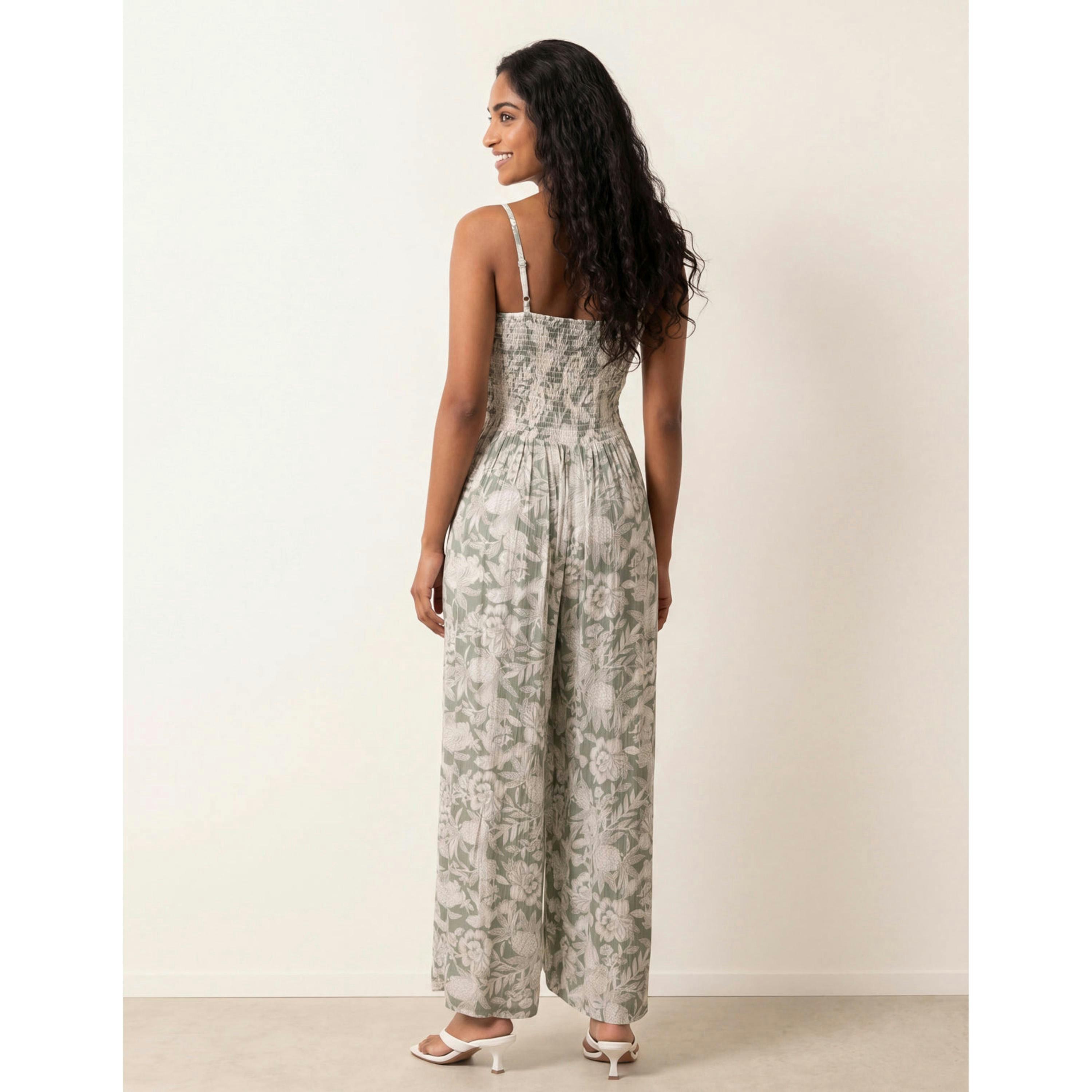 Blue Vanilla Crinkle Shirred Strappy Jumpsuit  in Green , view 2 of 4