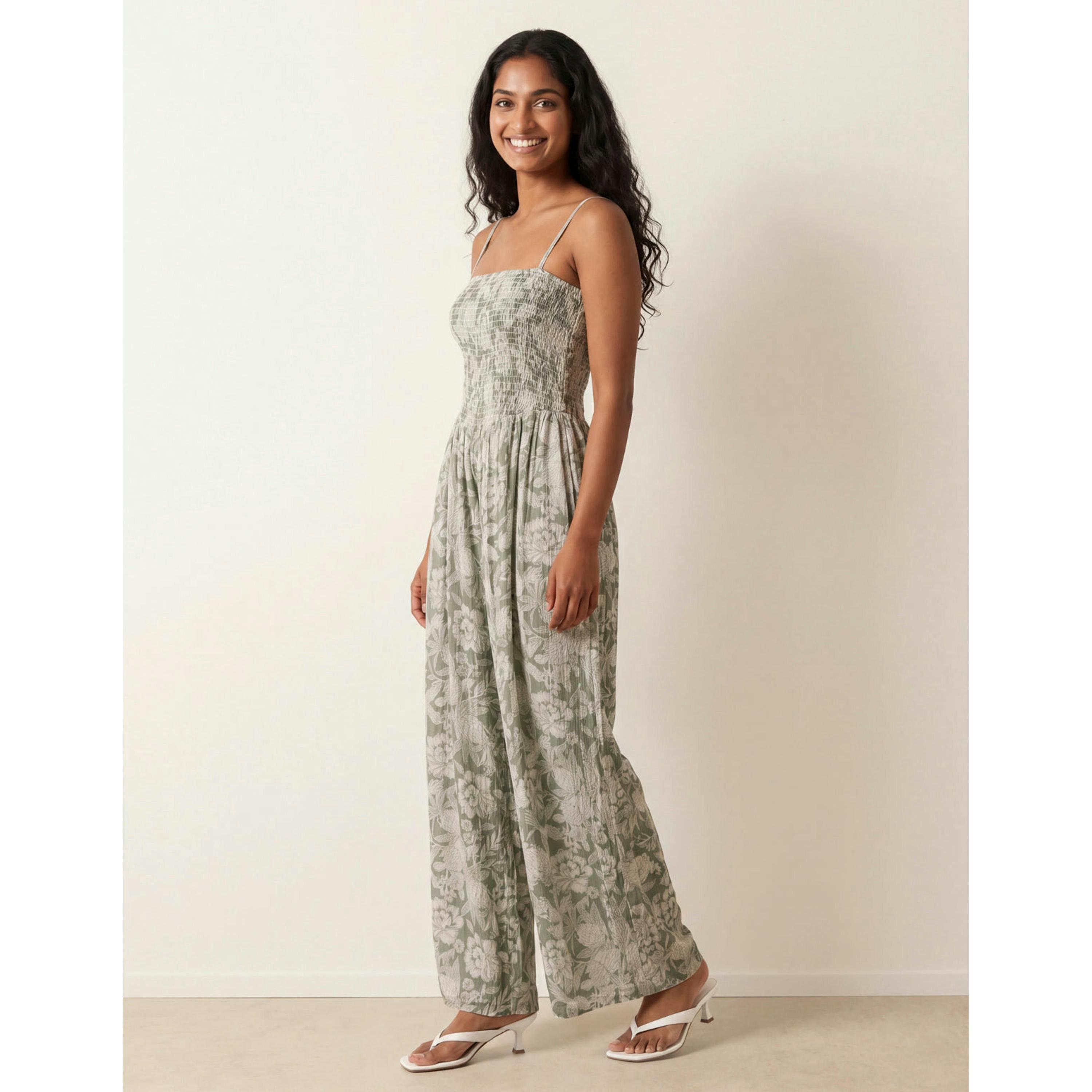 Blue Vanilla Crinkle Shirred Strappy Jumpsuit  in Green , view 4 of 4