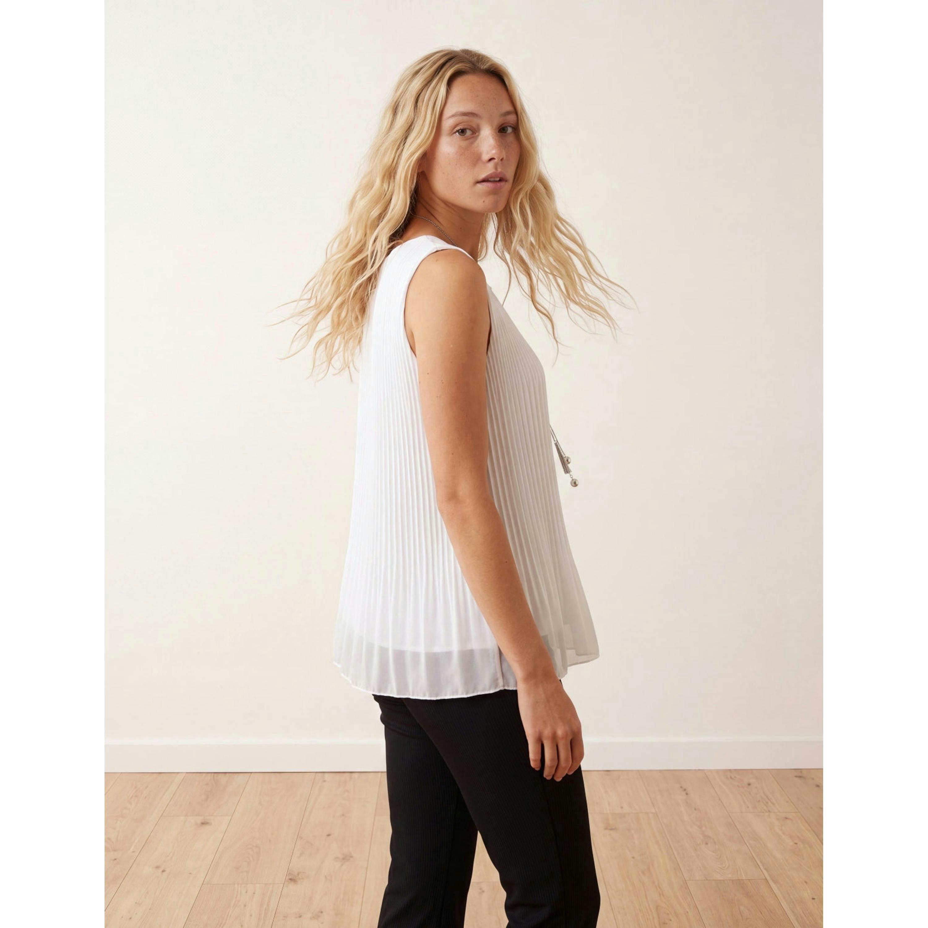 Blue Vanilla Sleeveless Pleated Top With Necklace  in Ivory , view 1 of 4