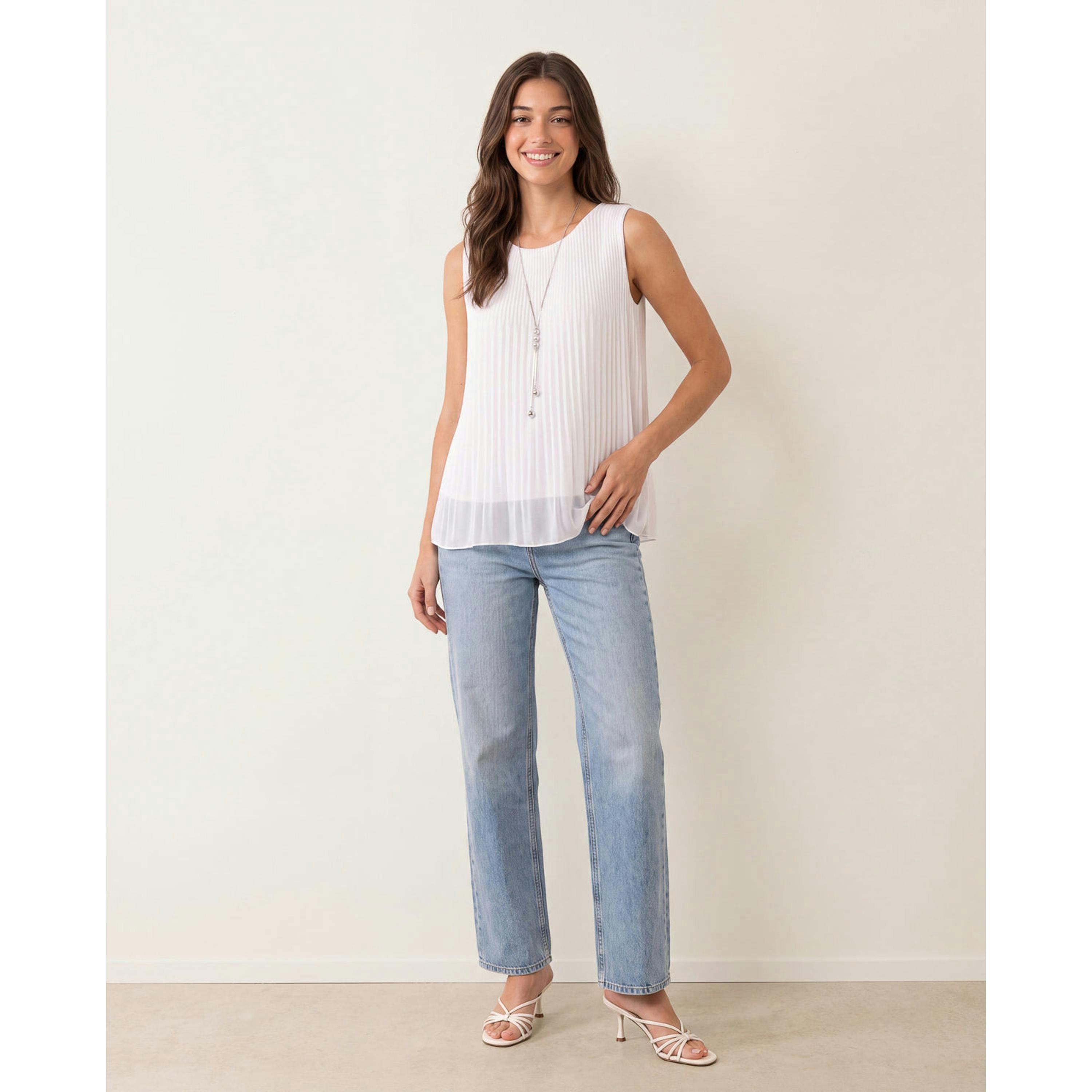 Blue Vanilla Sleeveless Pleated Top With Necklace  in Ivory , view 4 of 5