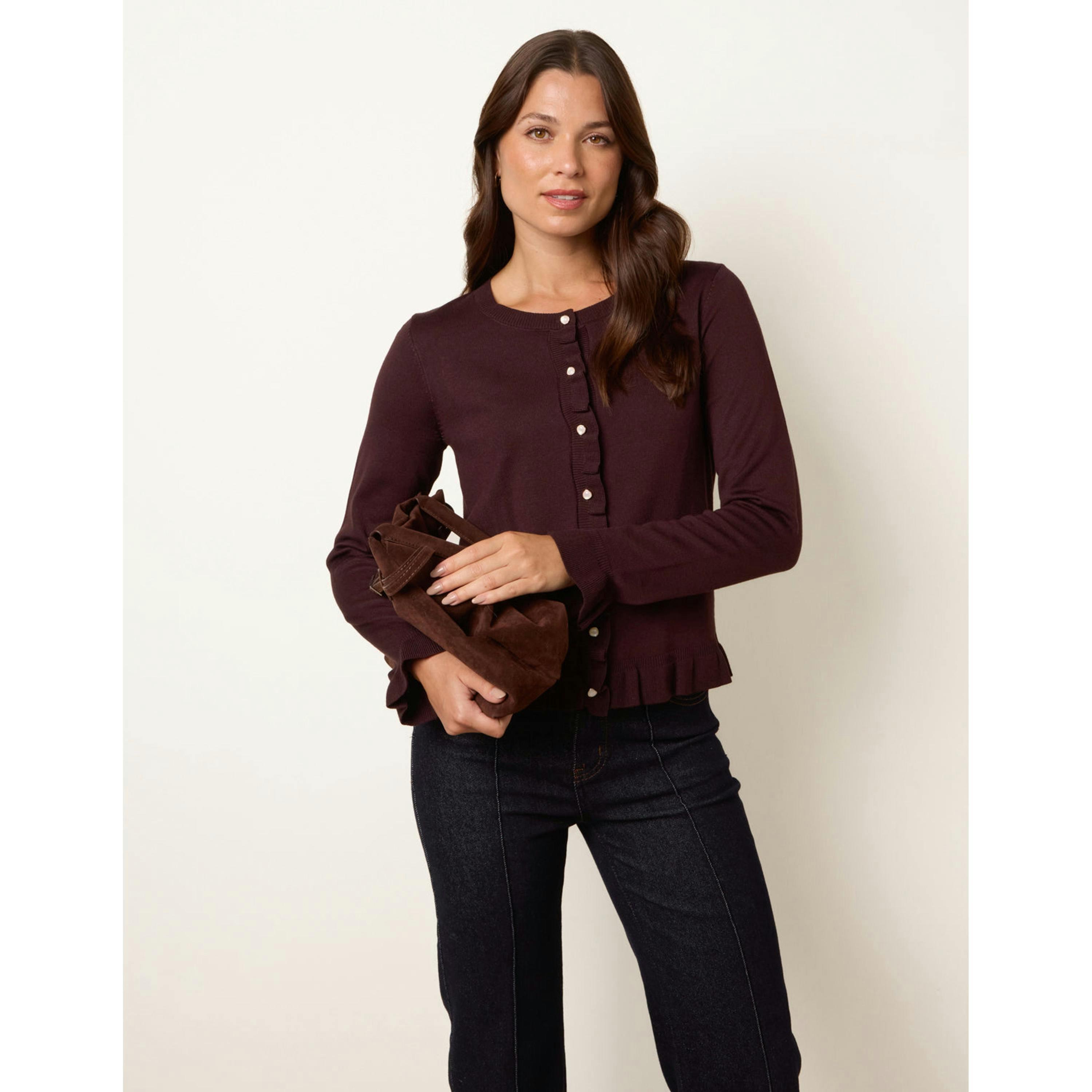 Blue Vanilla Ruffle Detail Cardigan  in Brown , view 1 of 4