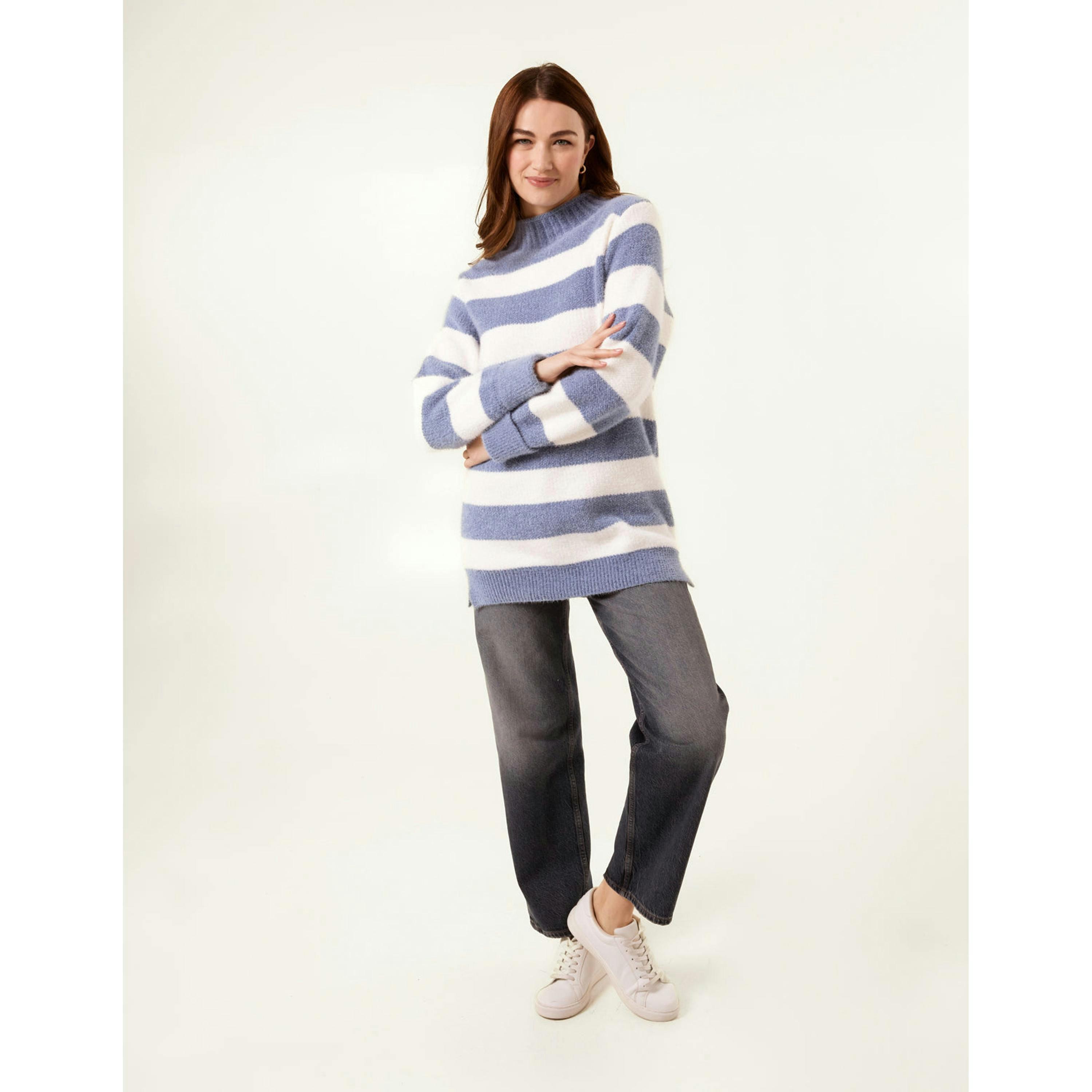 Blue Vanilla High Neck Striped Jumper  in Blue , view 1 of 5
