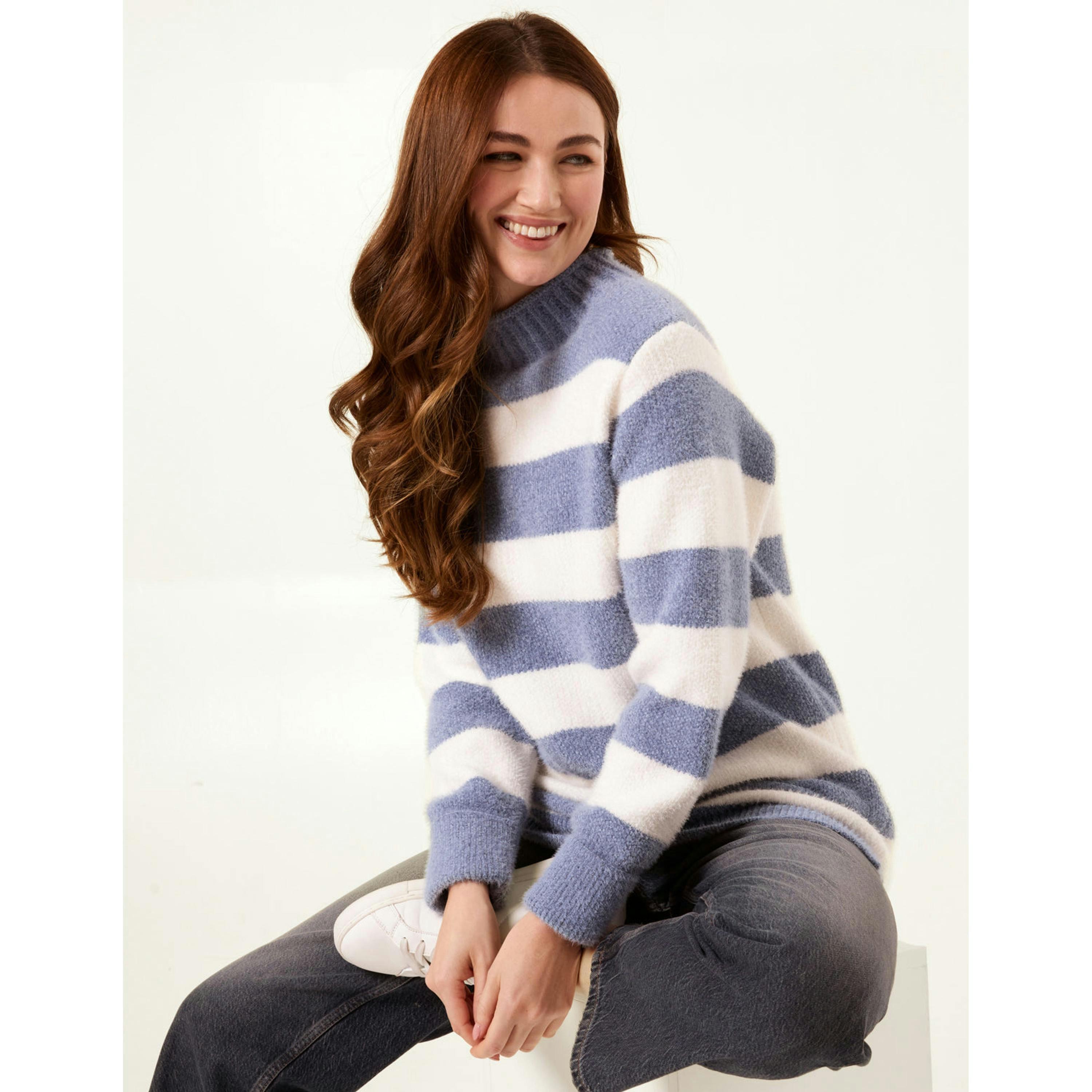 Blue Vanilla High Neck Striped Jumper  in Blue , view 3 of 5