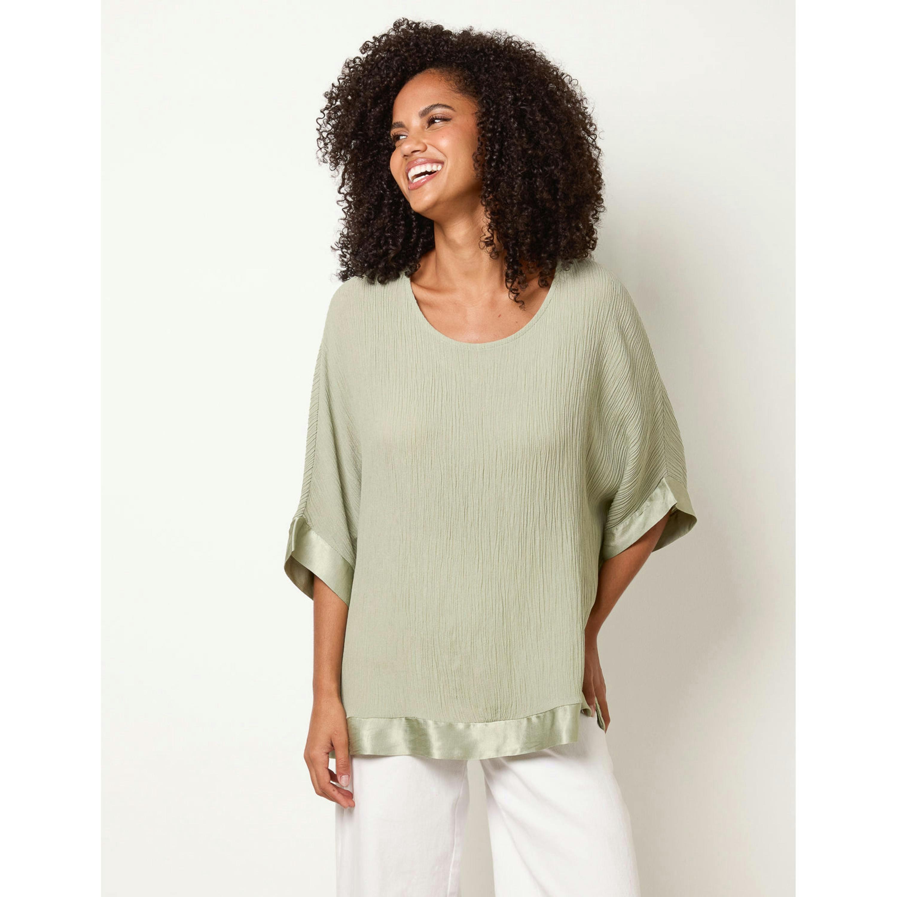 Blue Vanilla Viscose Crinkle Top With Satin Finish  in Khaki , view 1 of 4