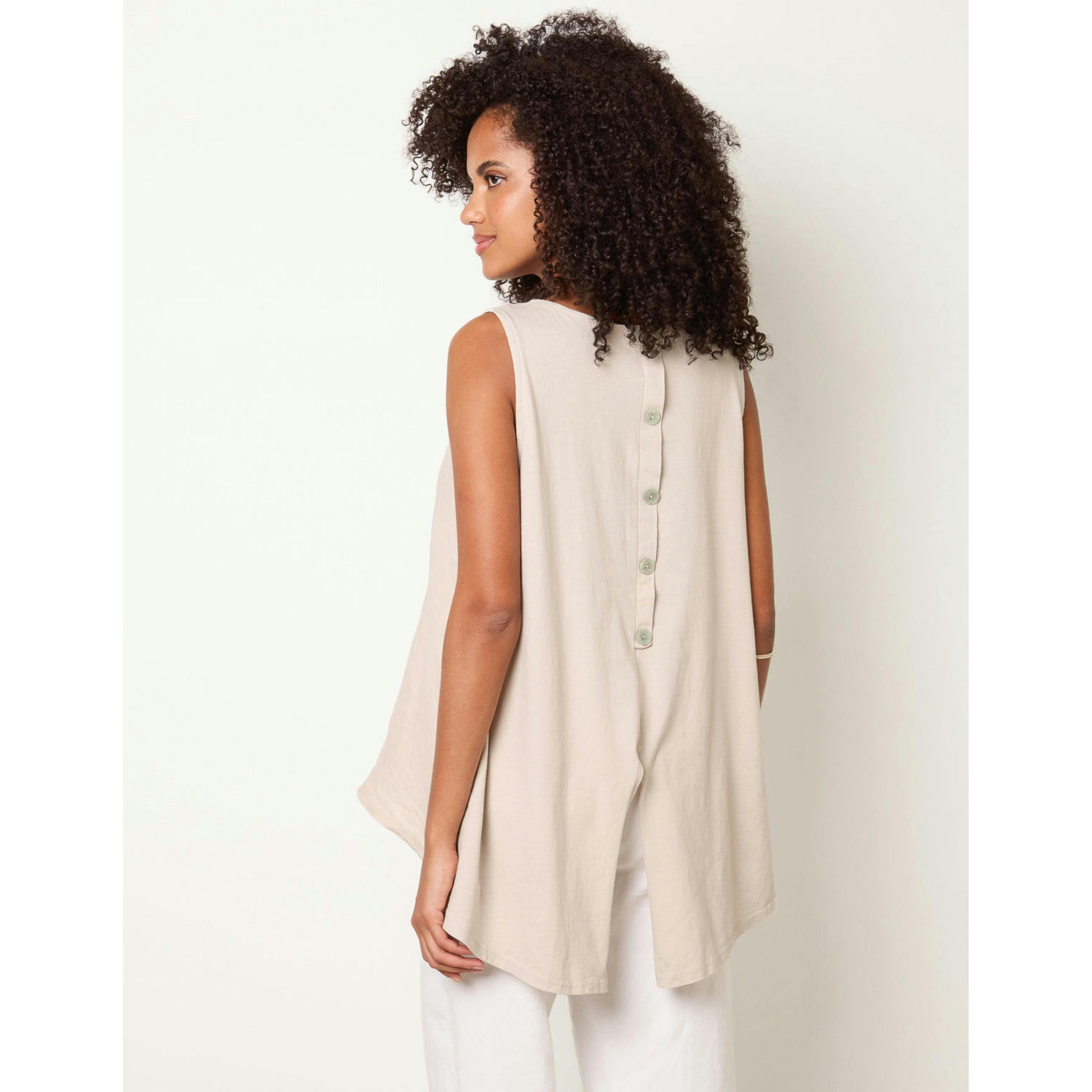 Blue Vanilla Jersey Back Linen Woven Front Sleeveless Top  in Beige , view 1 of 4
