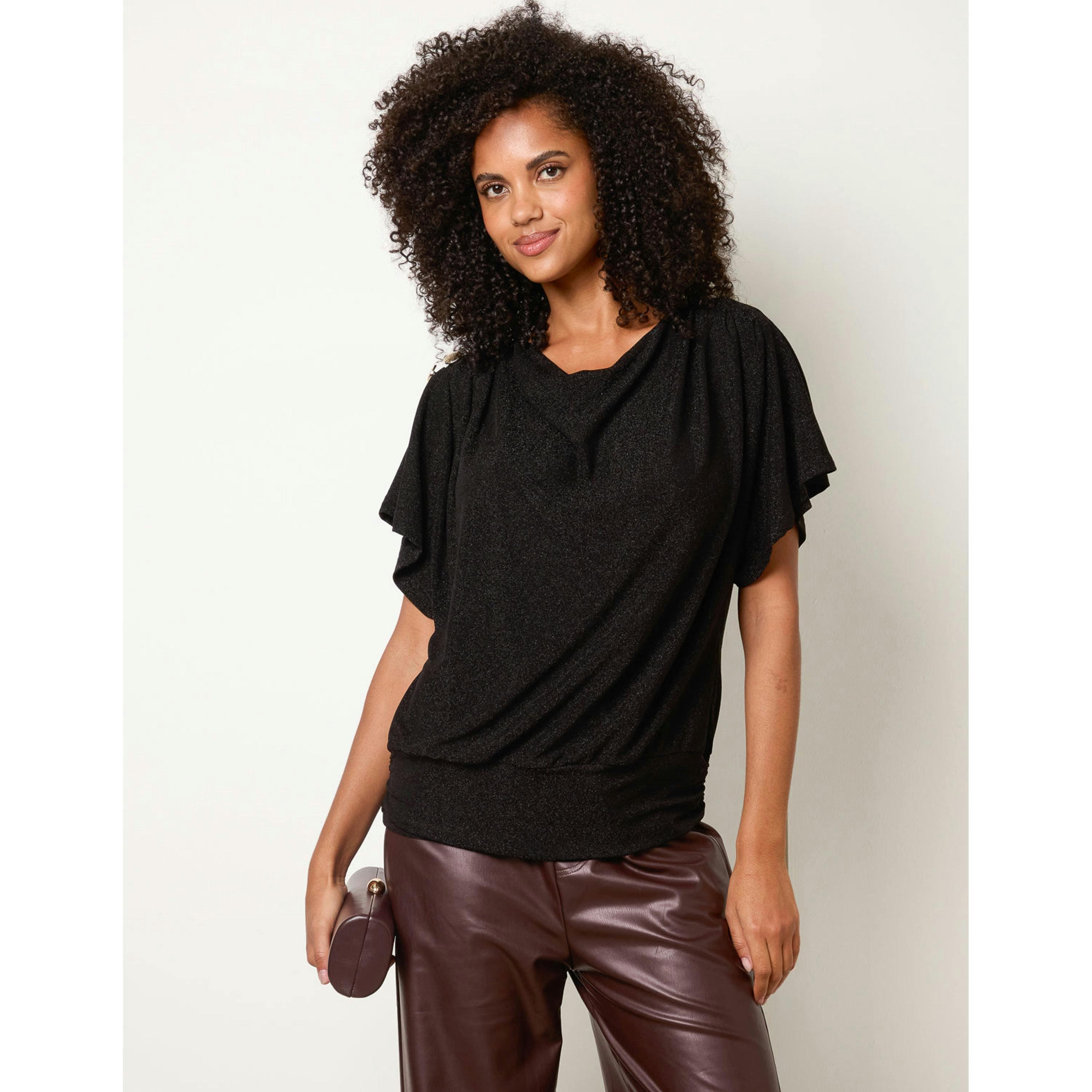 Blue Vanilla Button Detail Draped Cowl Neck Top  in Black , view 1 of 4
